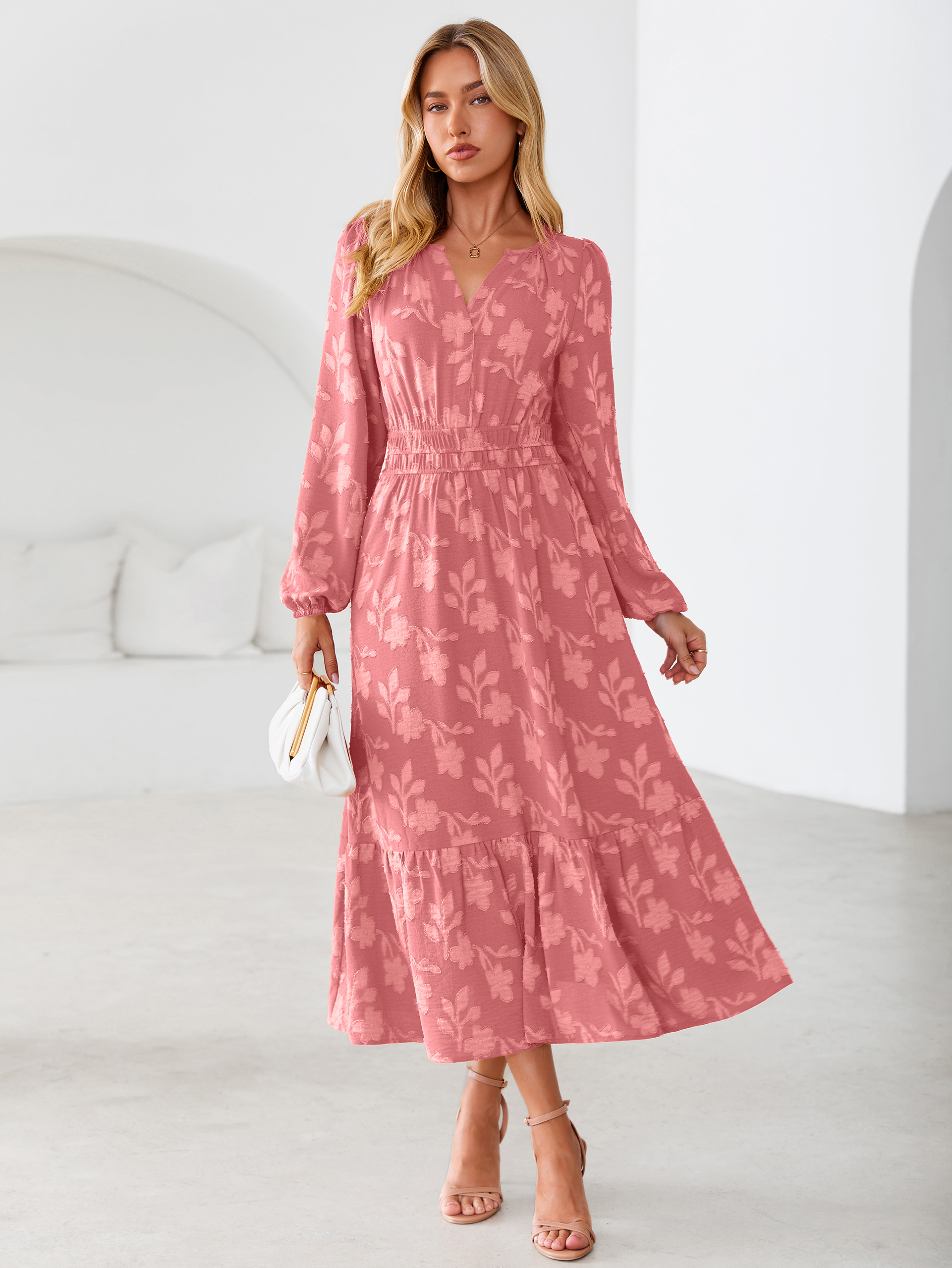 Floral Burnout V Neck Long Sleeve Maxi Dress