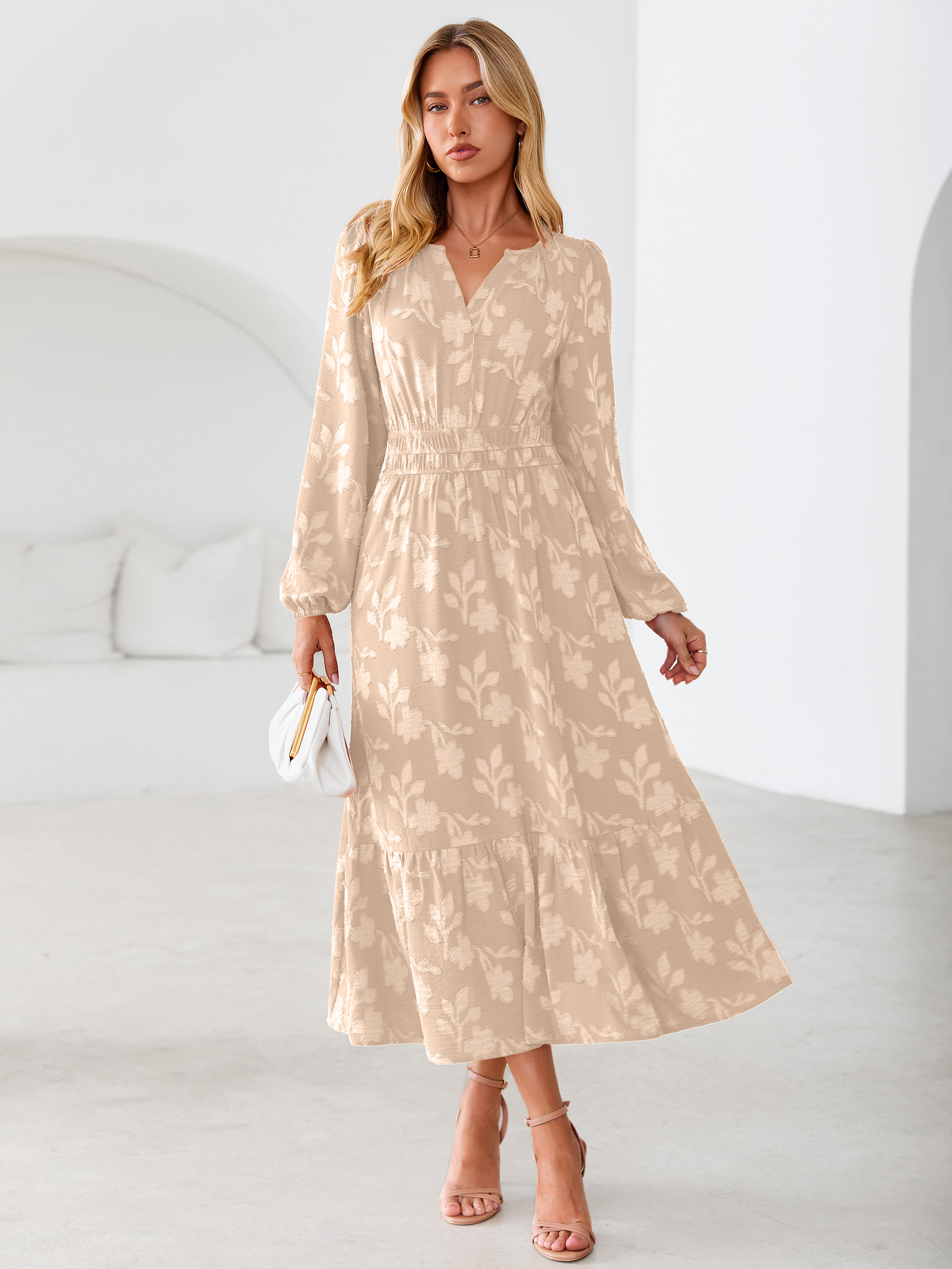 Floral Burnout V Neck Long Sleeve Maxi Dress