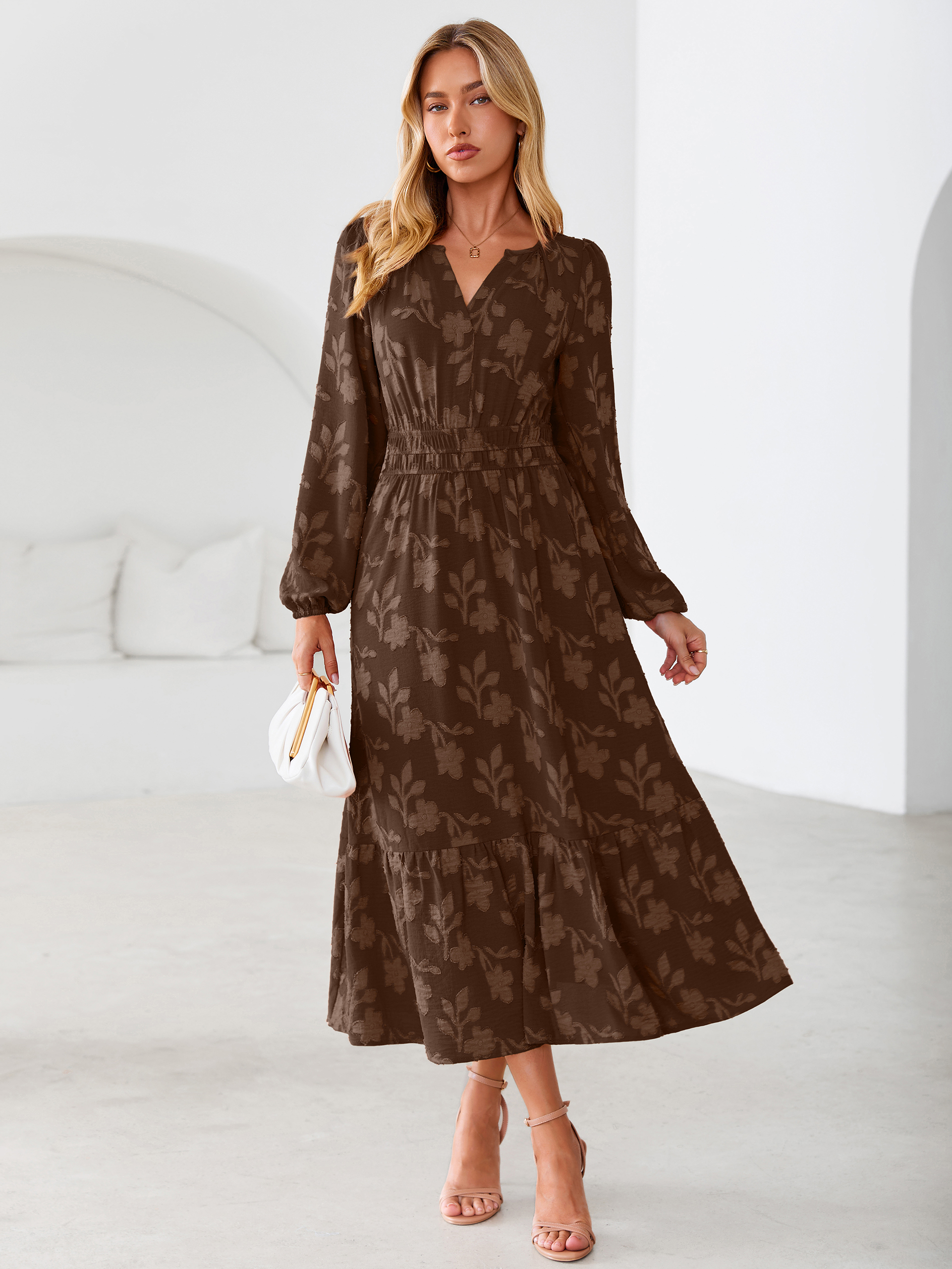 Floral Burnout V Neck Long Sleeve Maxi Dress