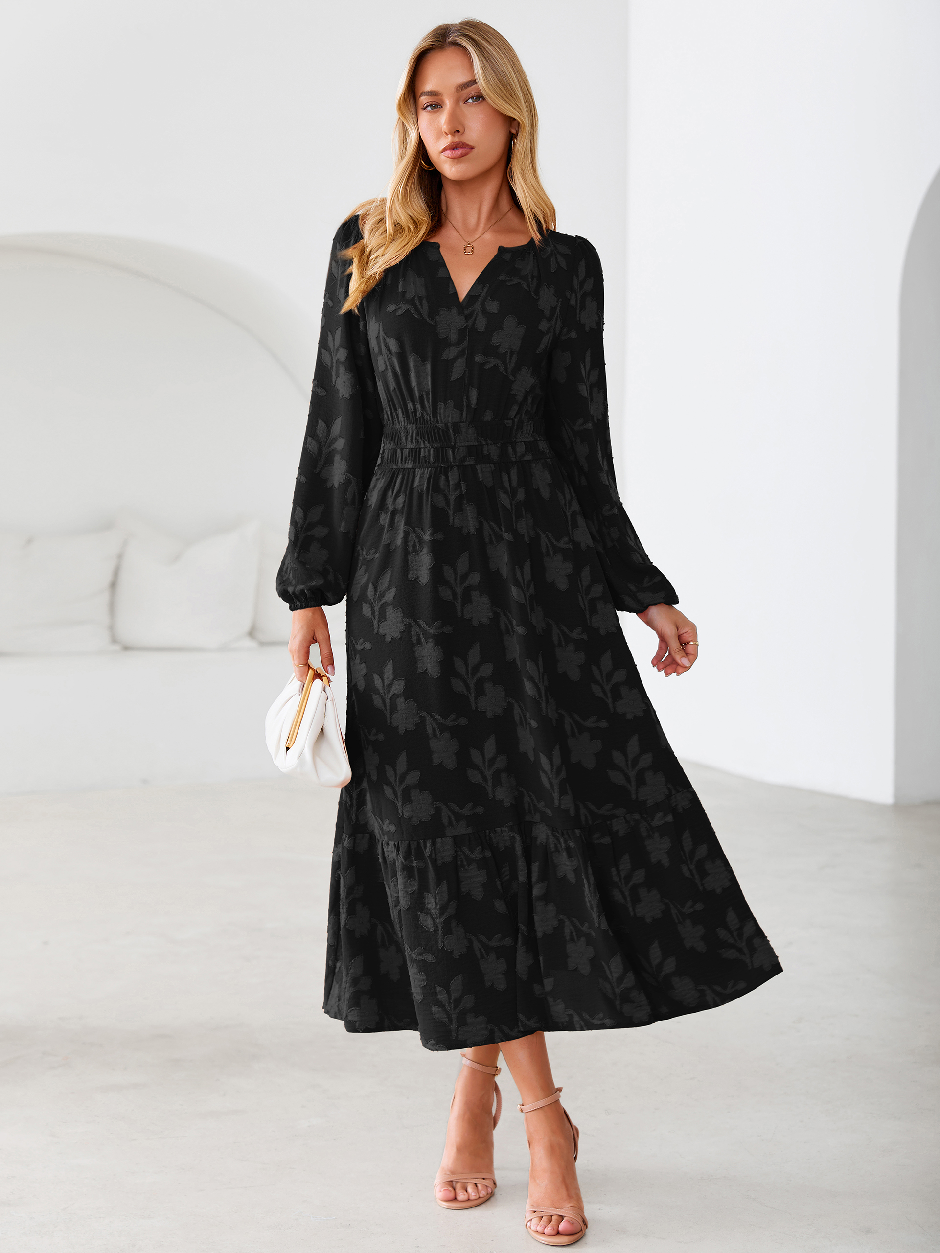 Floral Burnout V Neck Long Sleeve Maxi Dress