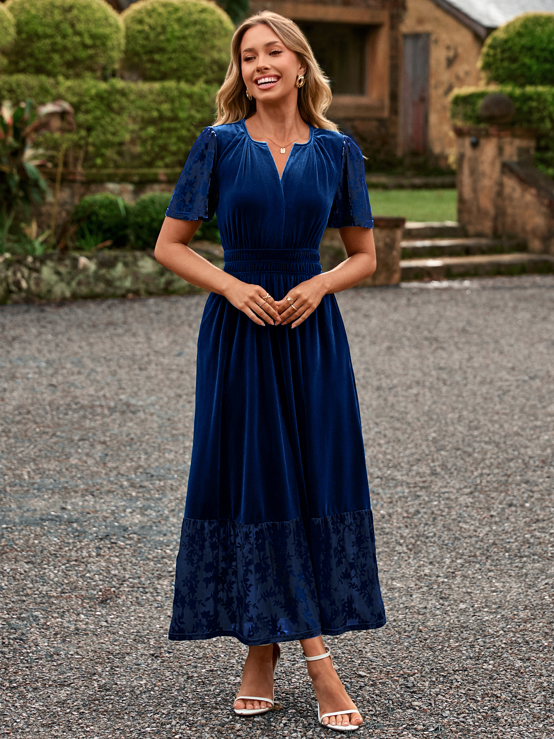 Velvet Floral Burnout V Neck Maxi Dress