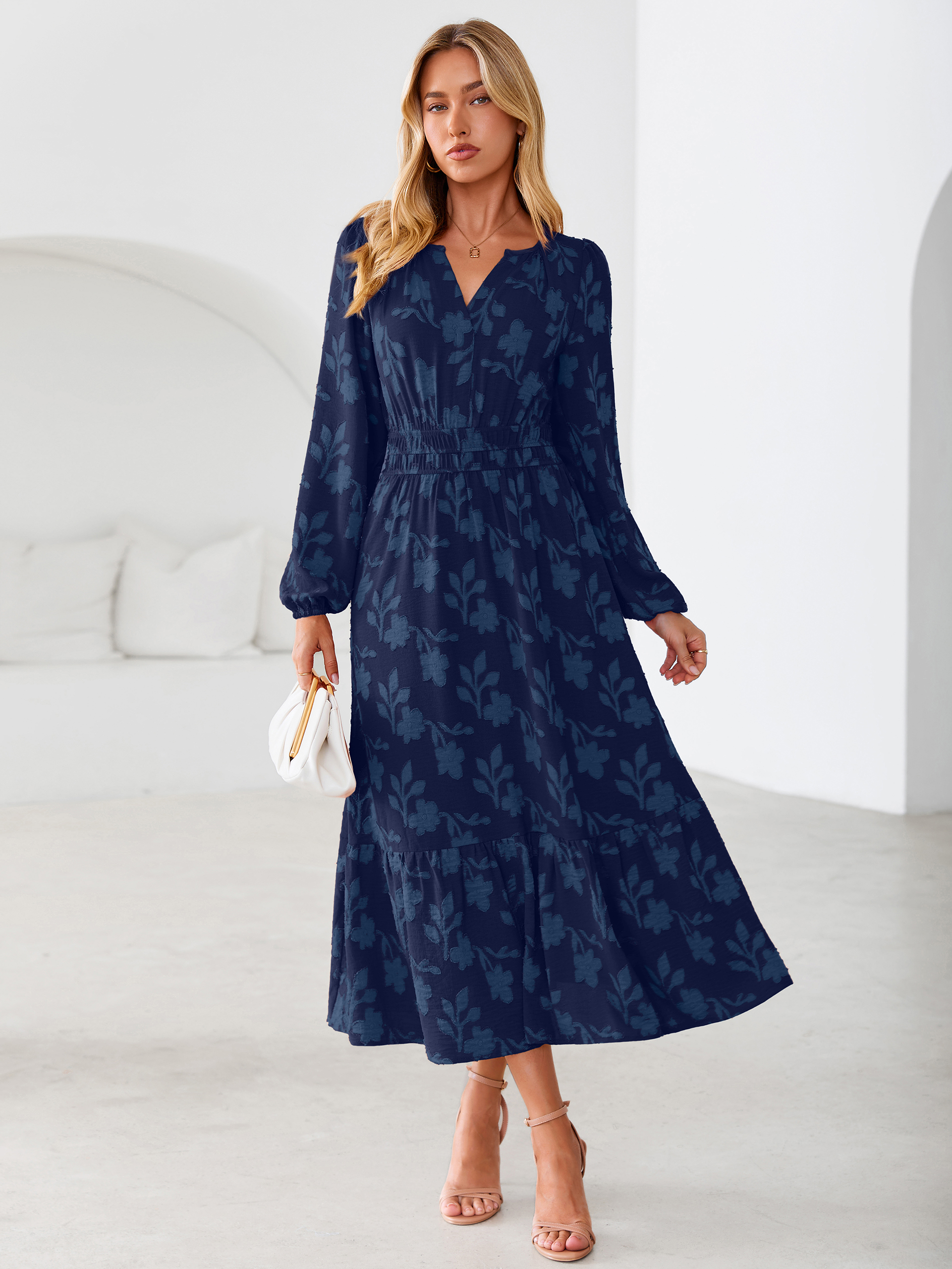 Floral Burnout V Neck Long Sleeve Maxi Dress
