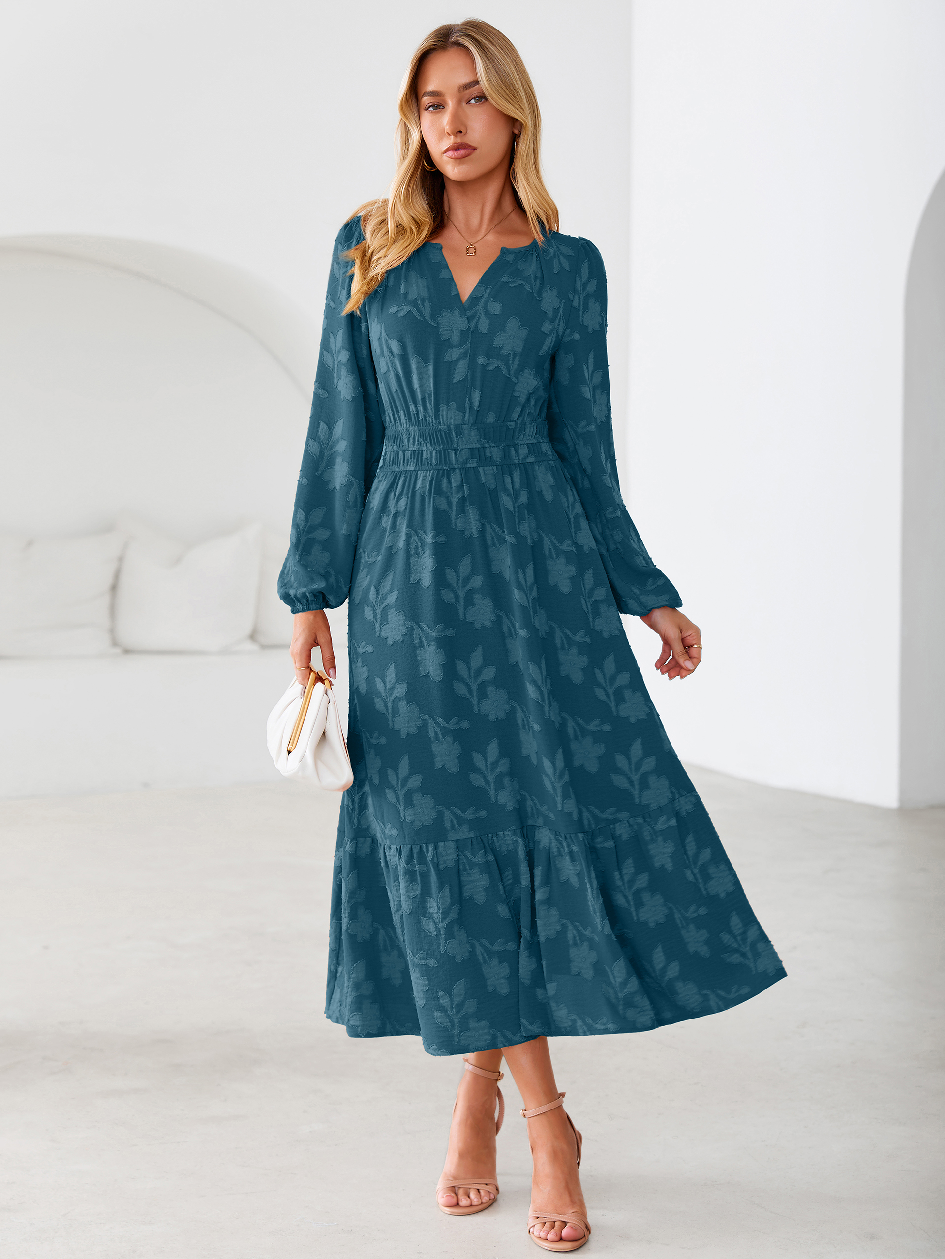Floral Burnout V Neck Long Sleeve Maxi Dress