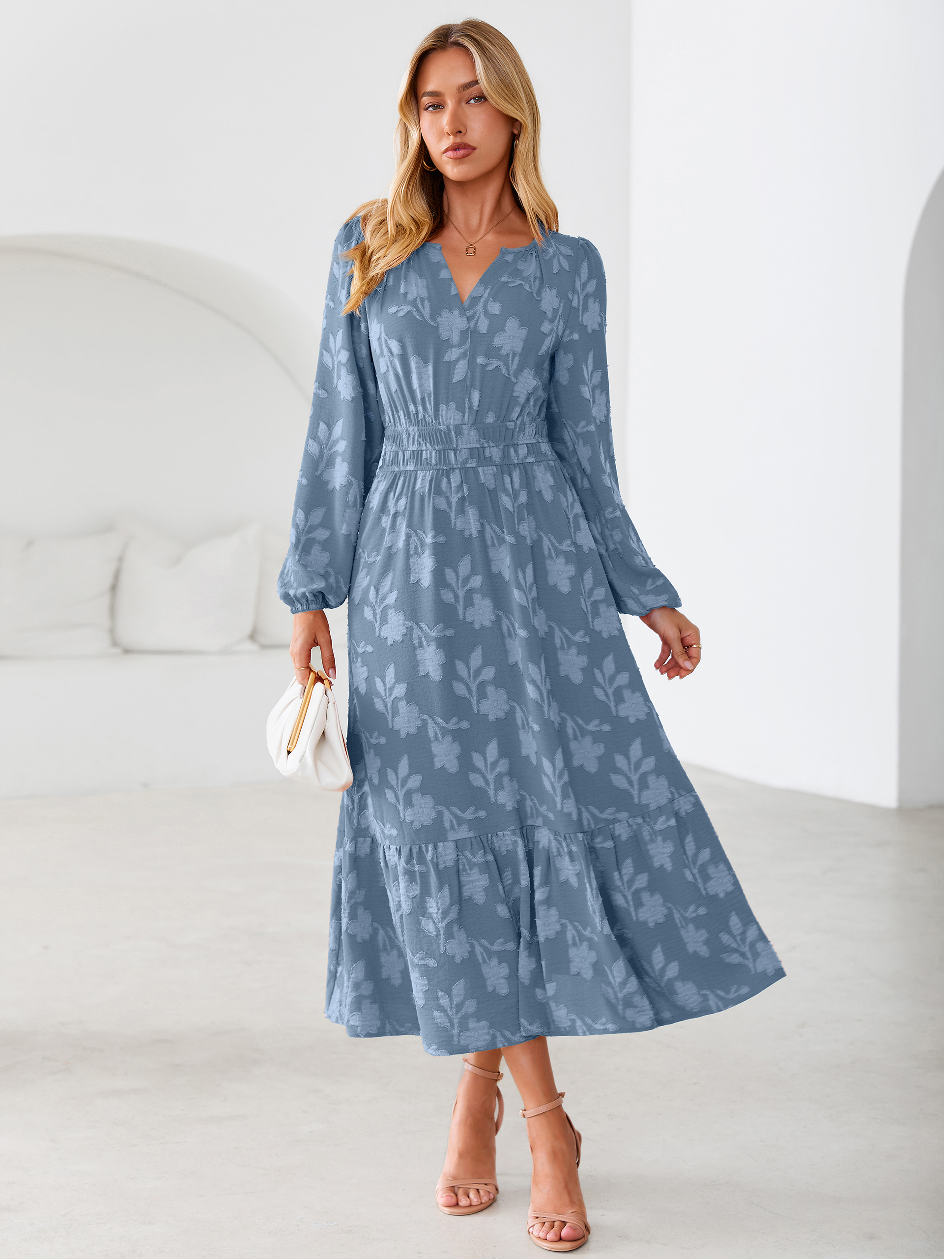 Floral Burnout V Neck Long Sleeve Maxi Dress