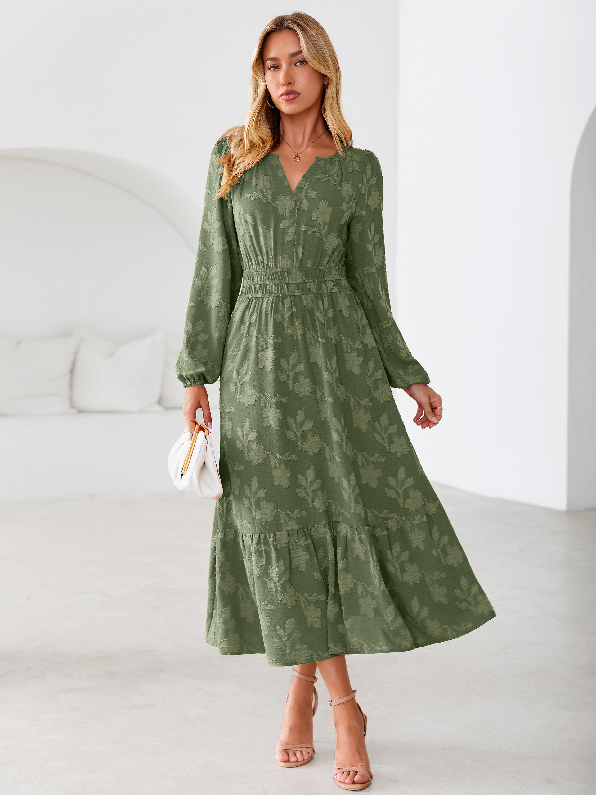 Floral Burnout V Neck Long Sleeve Maxi Dress