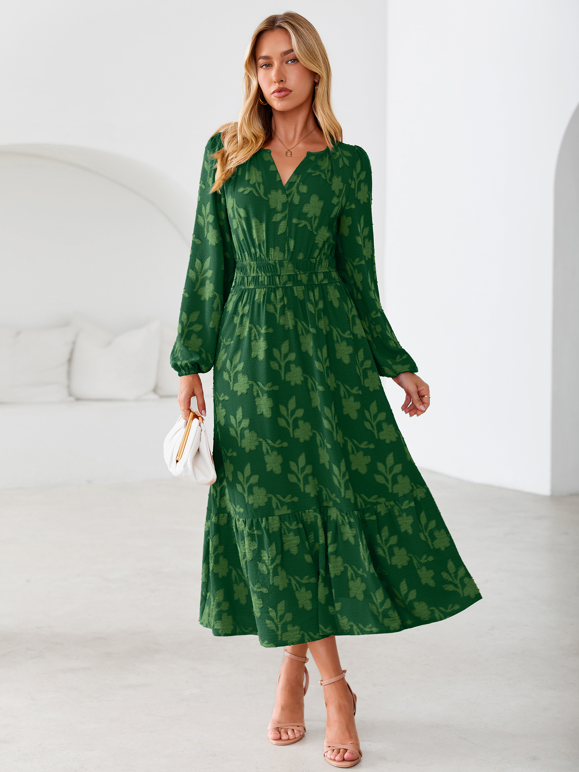 Floral Burnout V Neck Long Sleeve Maxi Dress