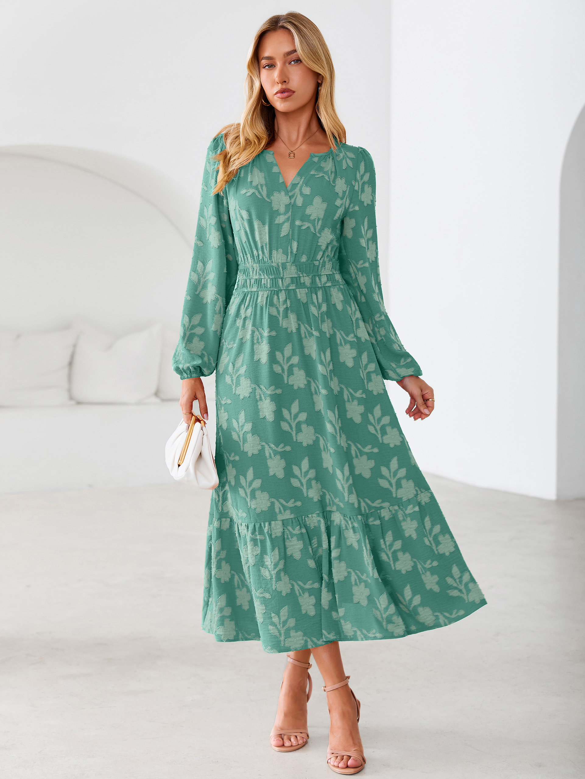 Floral Burnout V Neck Long Sleeve Maxi Dress