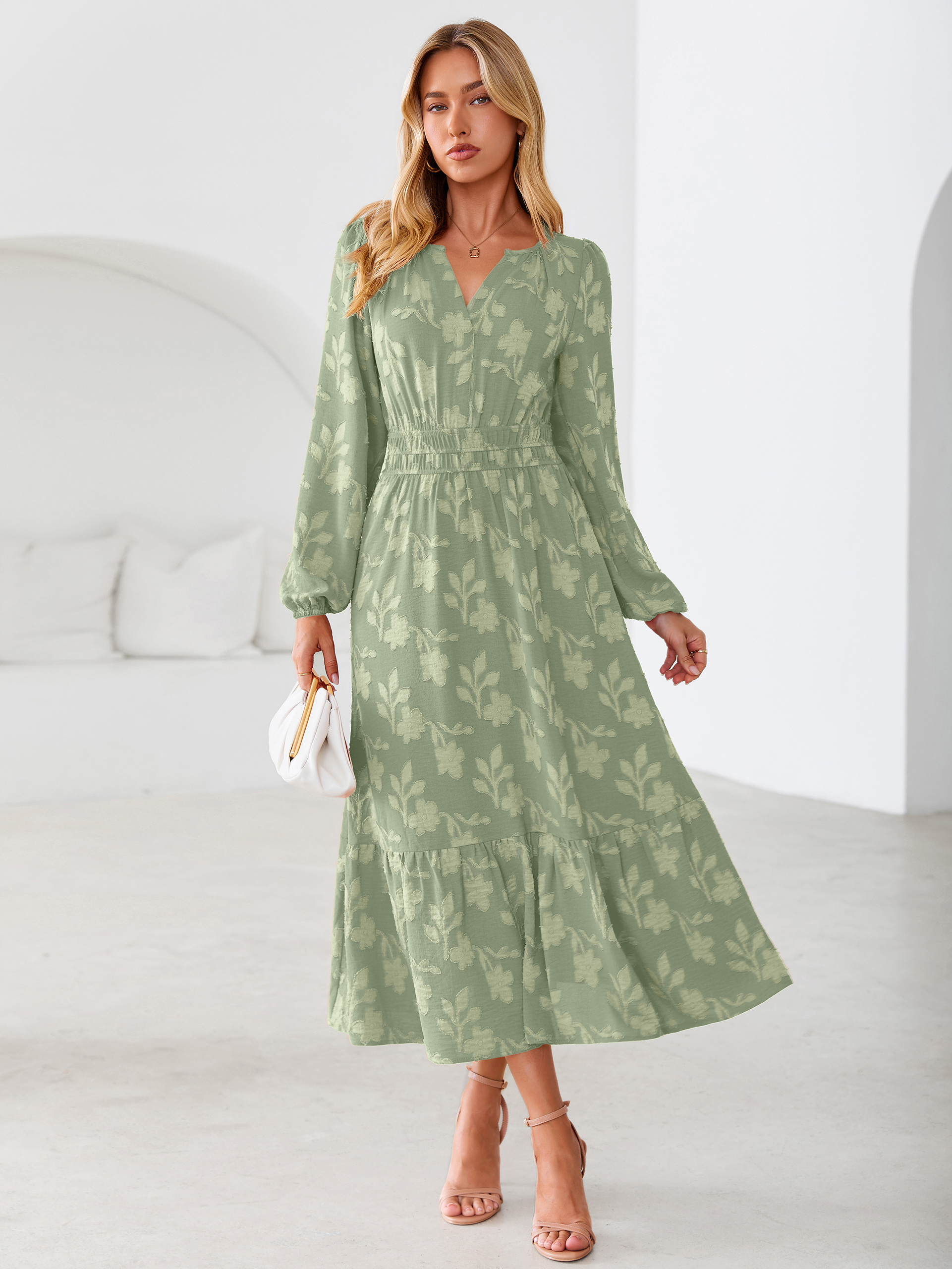 Floral Burnout V Neck Long Sleeve Maxi Dress