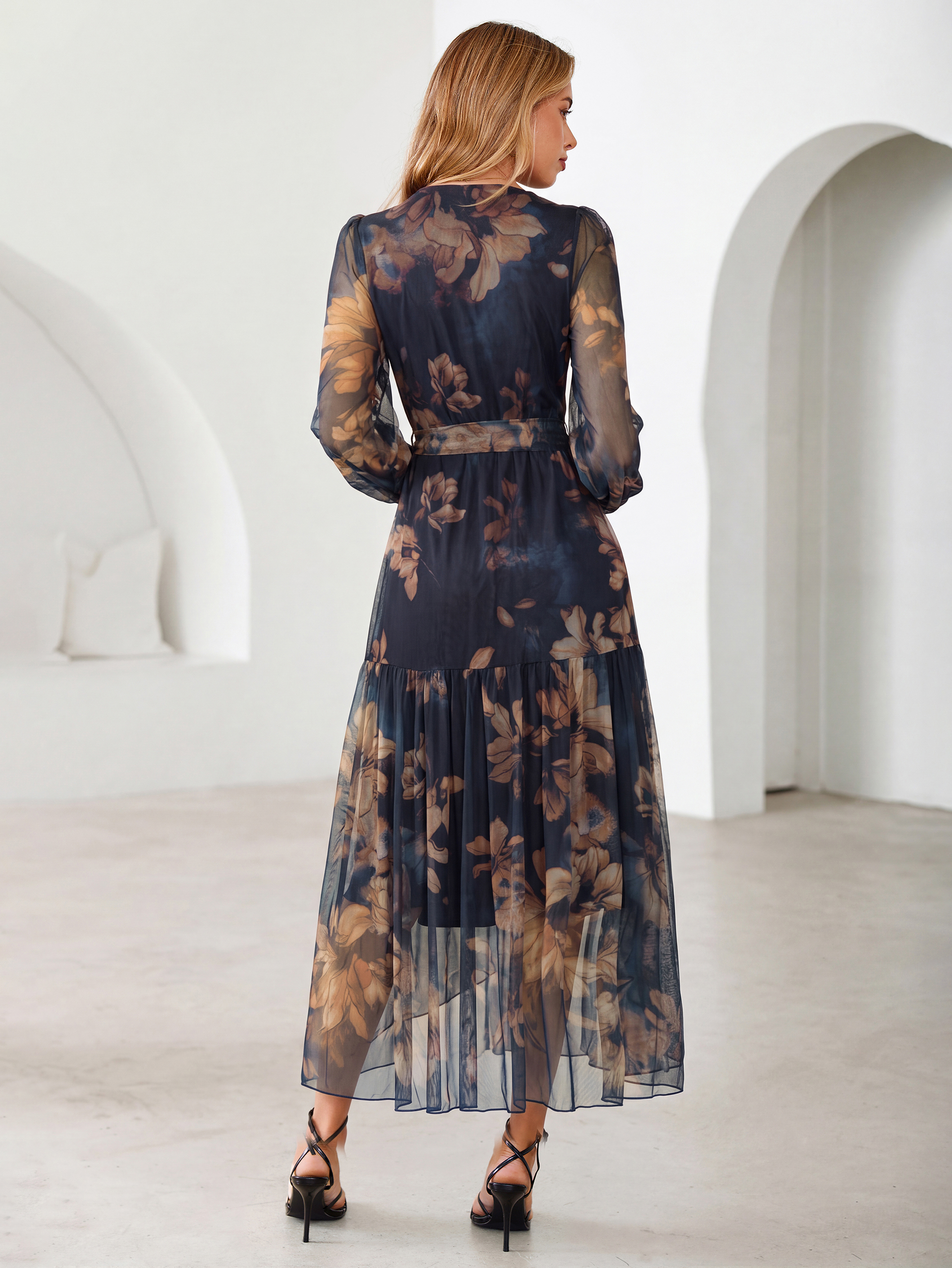 Floral Tulle Faux Wrap Long Sleeve Maxi Dress