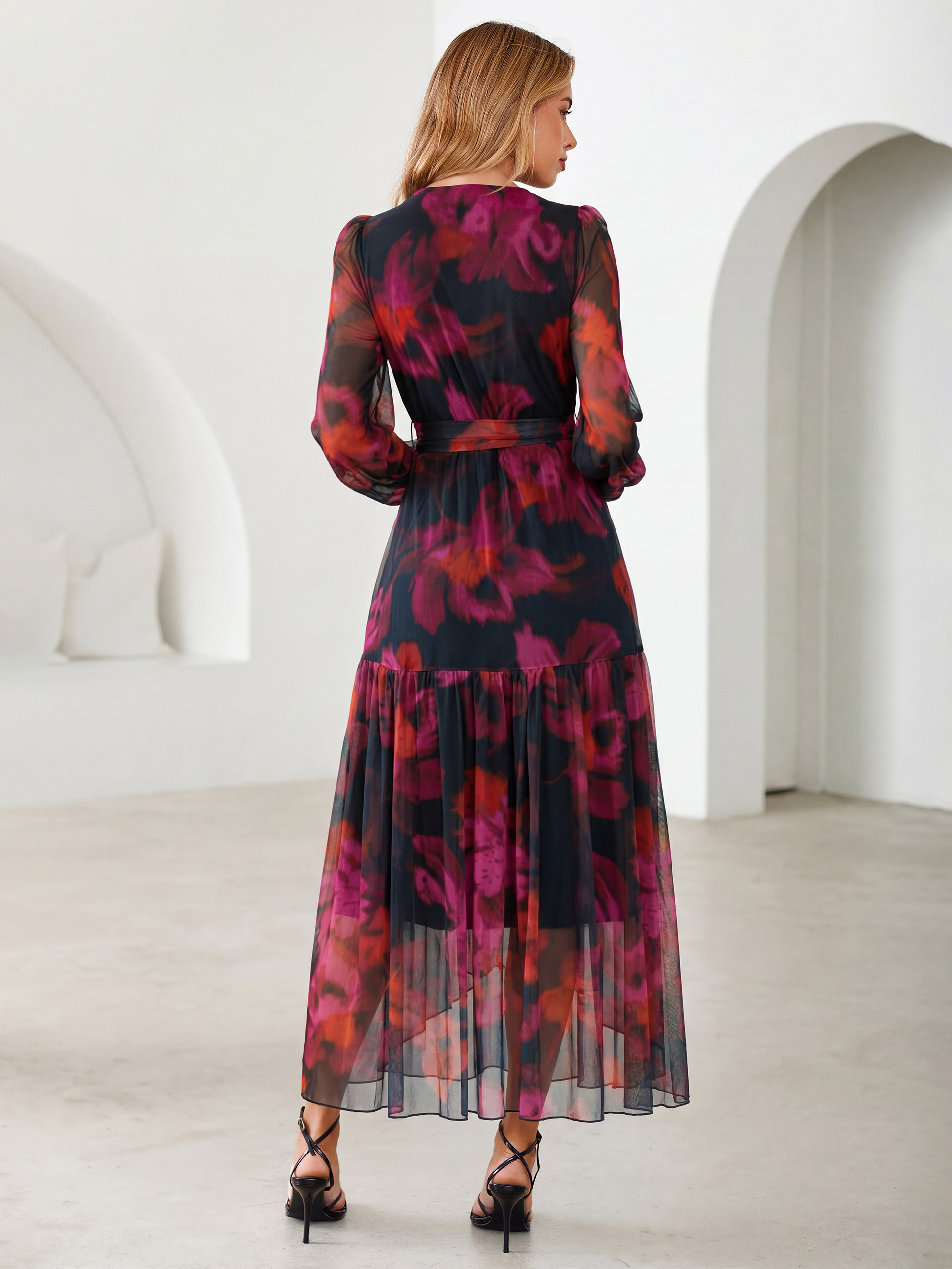 Floral Tulle Faux Wrap Long Sleeve Maxi Dress