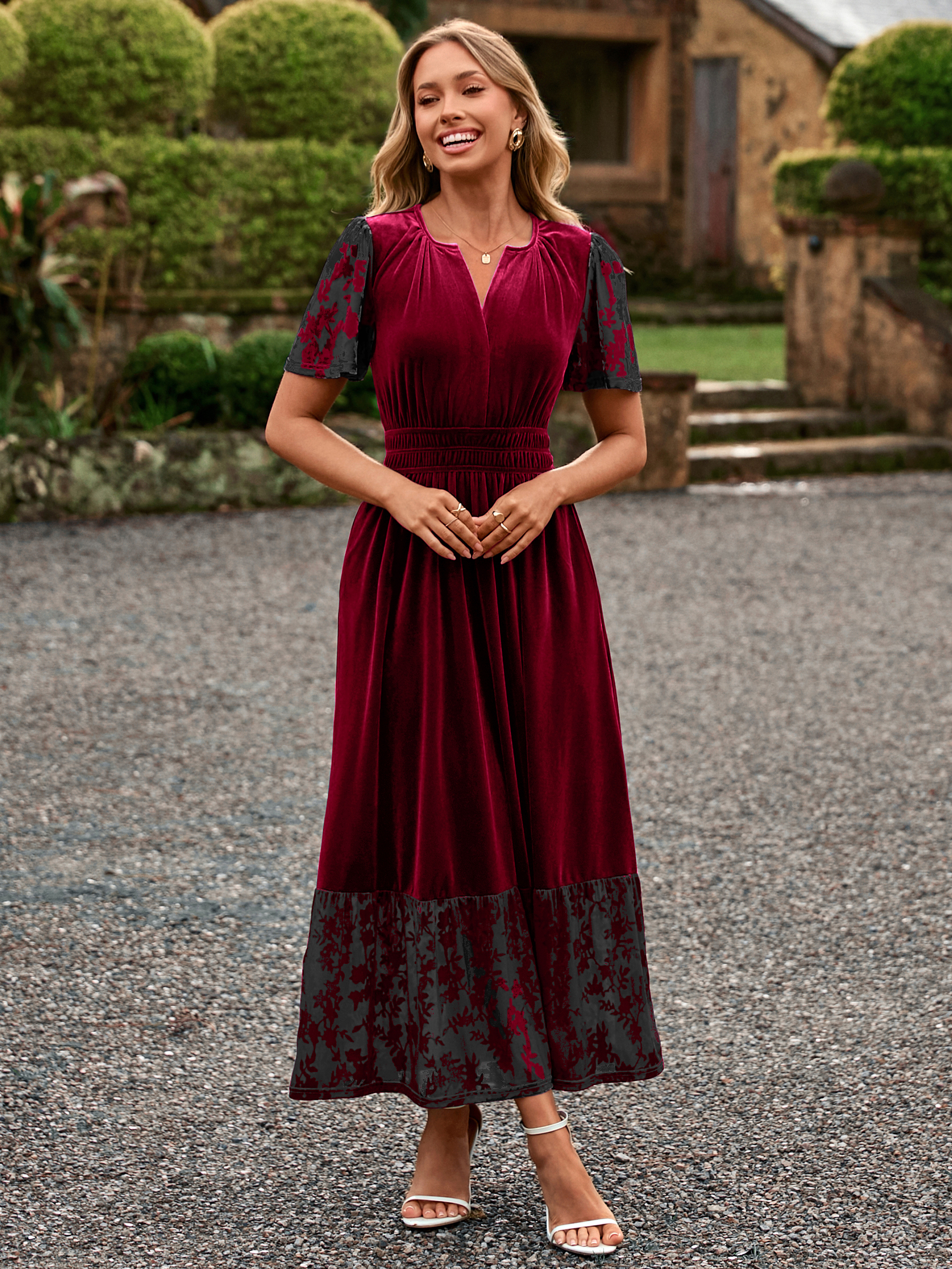 Velvet Floral Burnout V Neck Maxi Dress