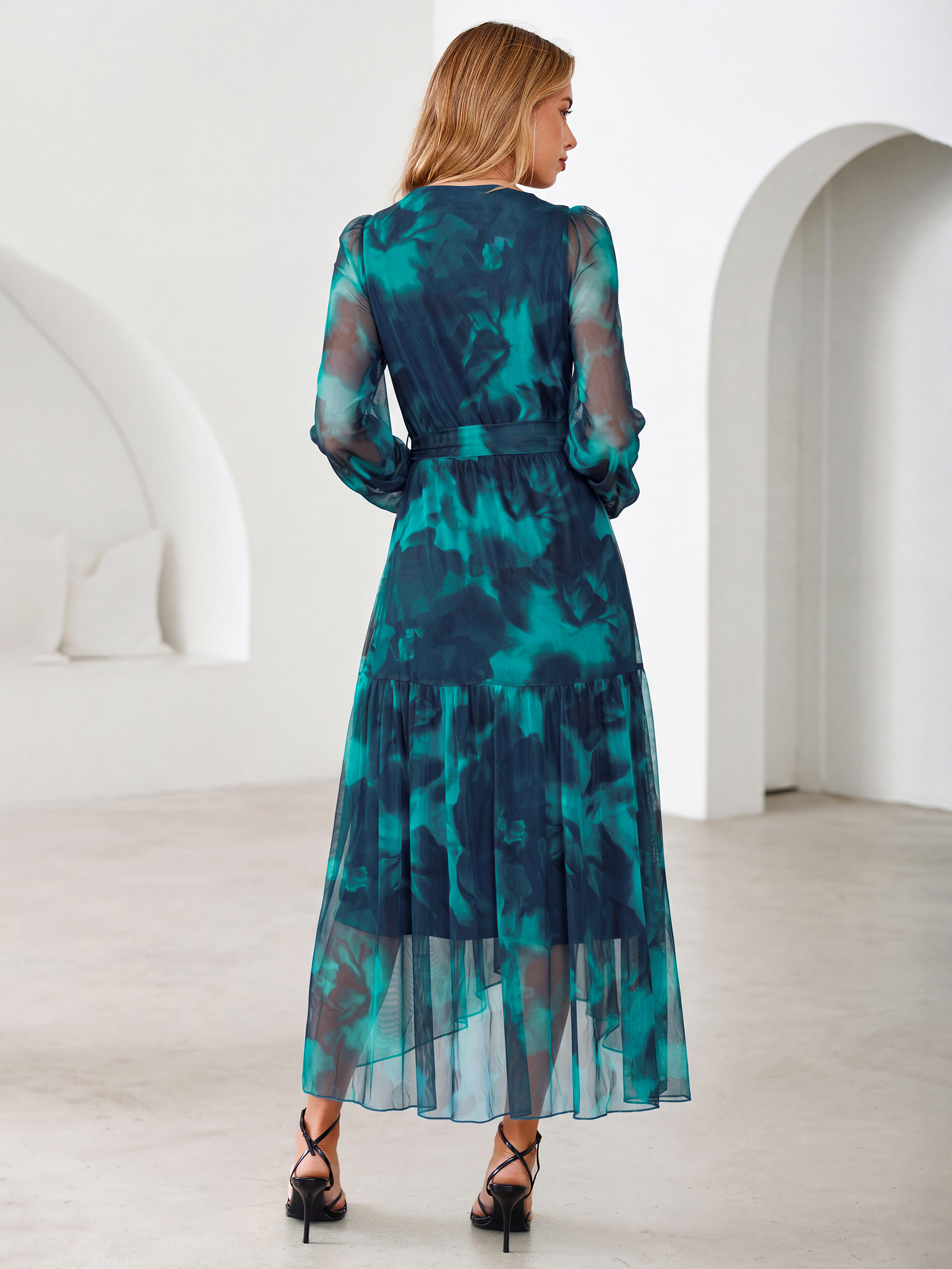 Floral Tulle Faux Wrap Long Sleeve Maxi Dress