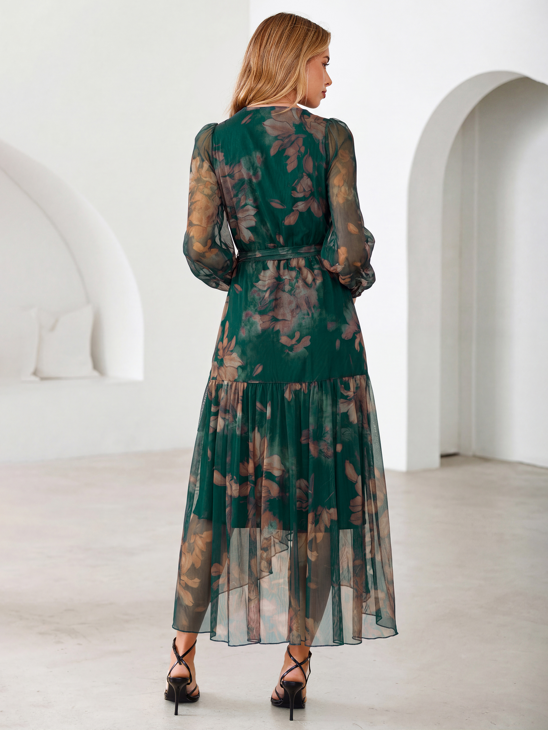 Floral Tulle Faux Wrap Long Sleeve Maxi Dress
