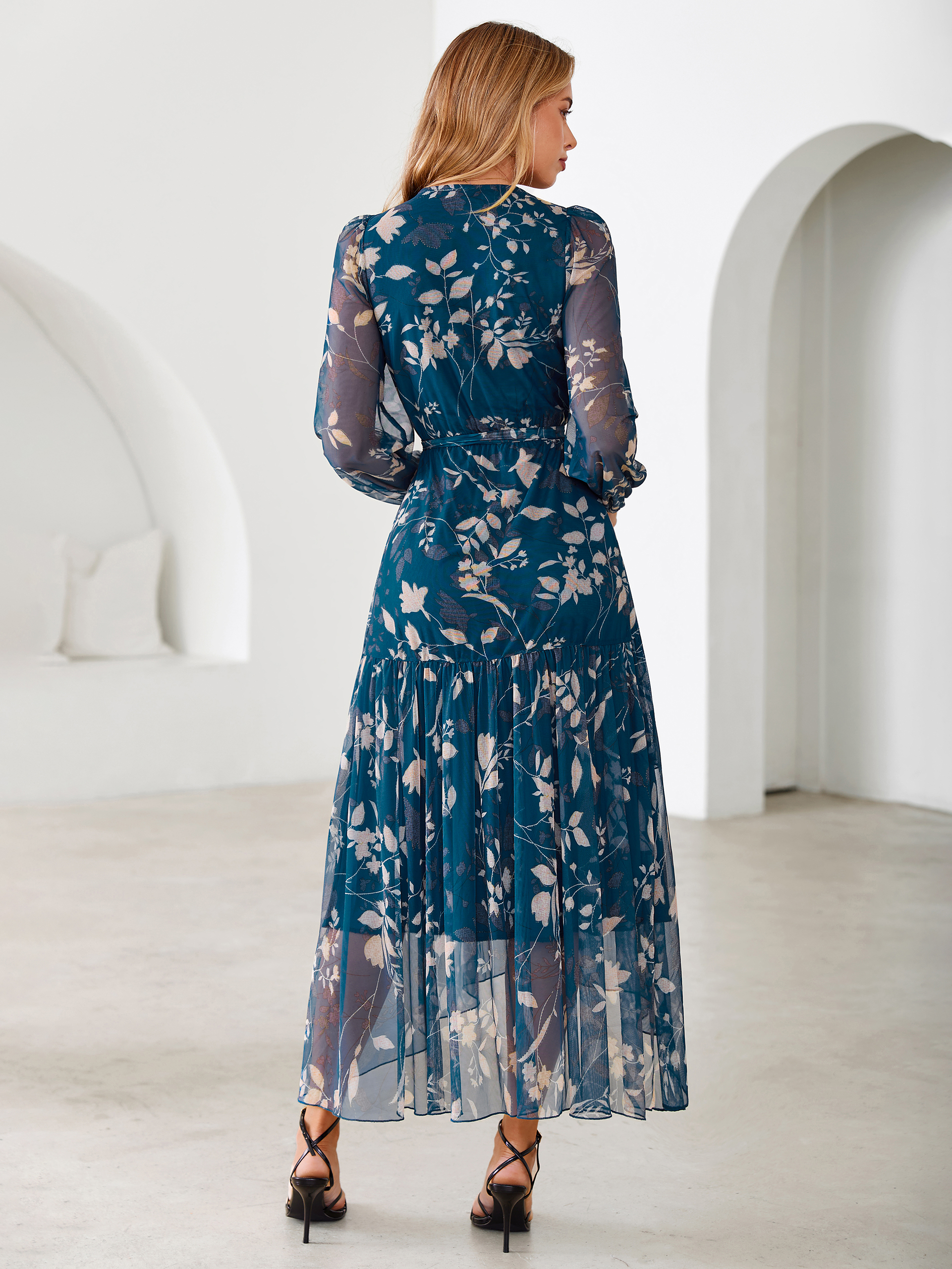 Floral Tulle Faux Wrap Long Sleeve Maxi Dress
