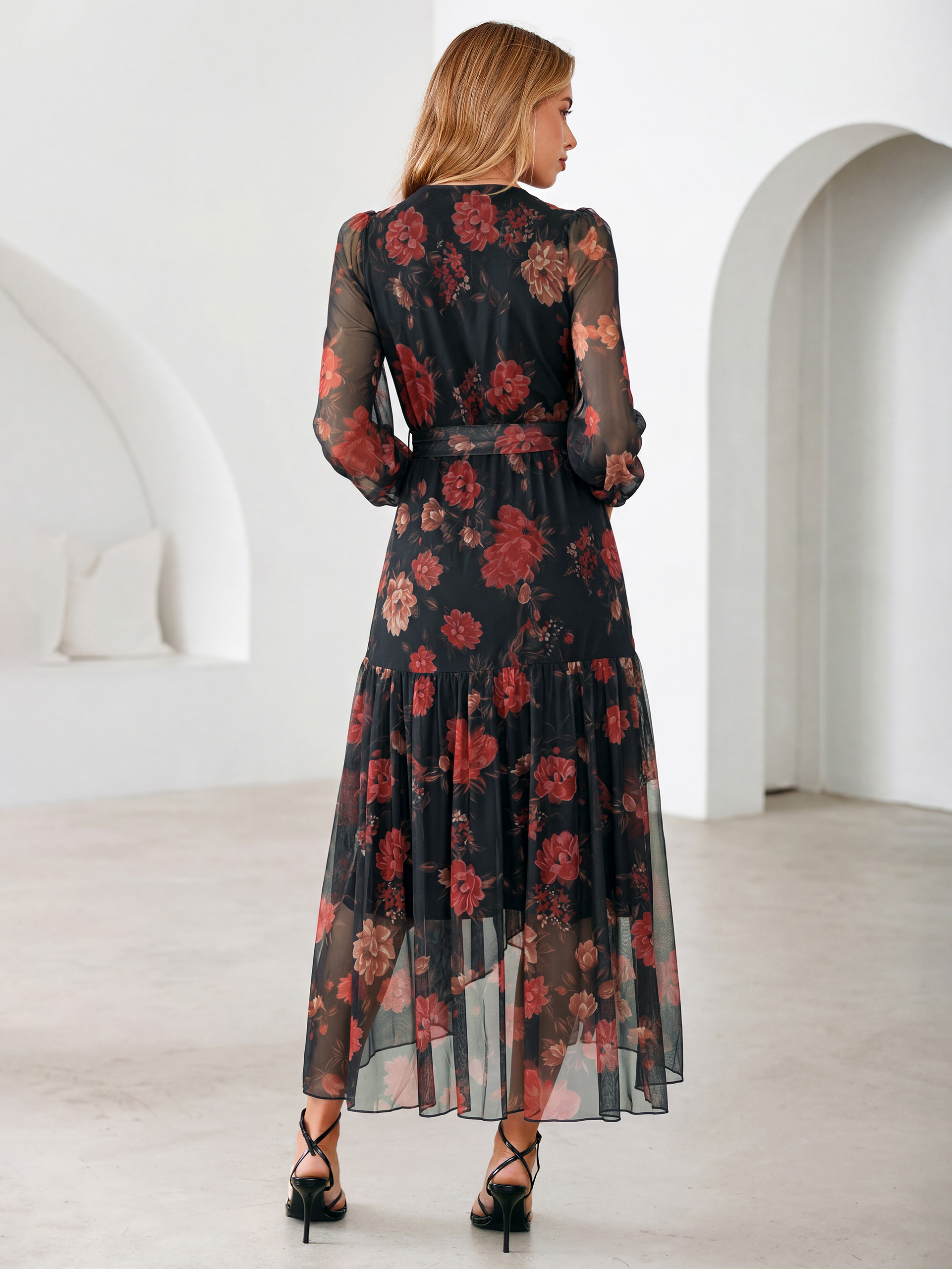 Floral Tulle Faux Wrap Long Sleeve Maxi Dress