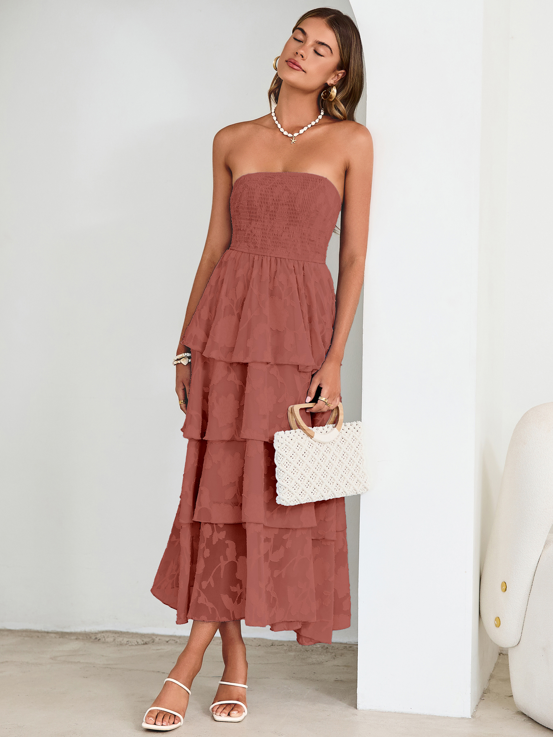 Floral Strapless Smocked Tiered Maxi Dress - Roseous