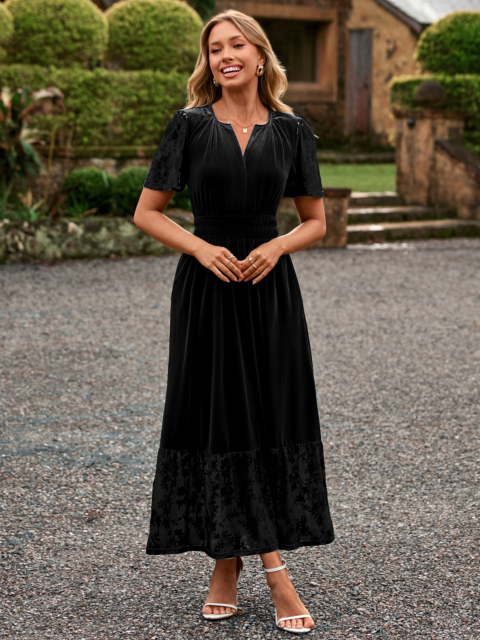 Velvet Floral Burnout V Neck Maxi Dress