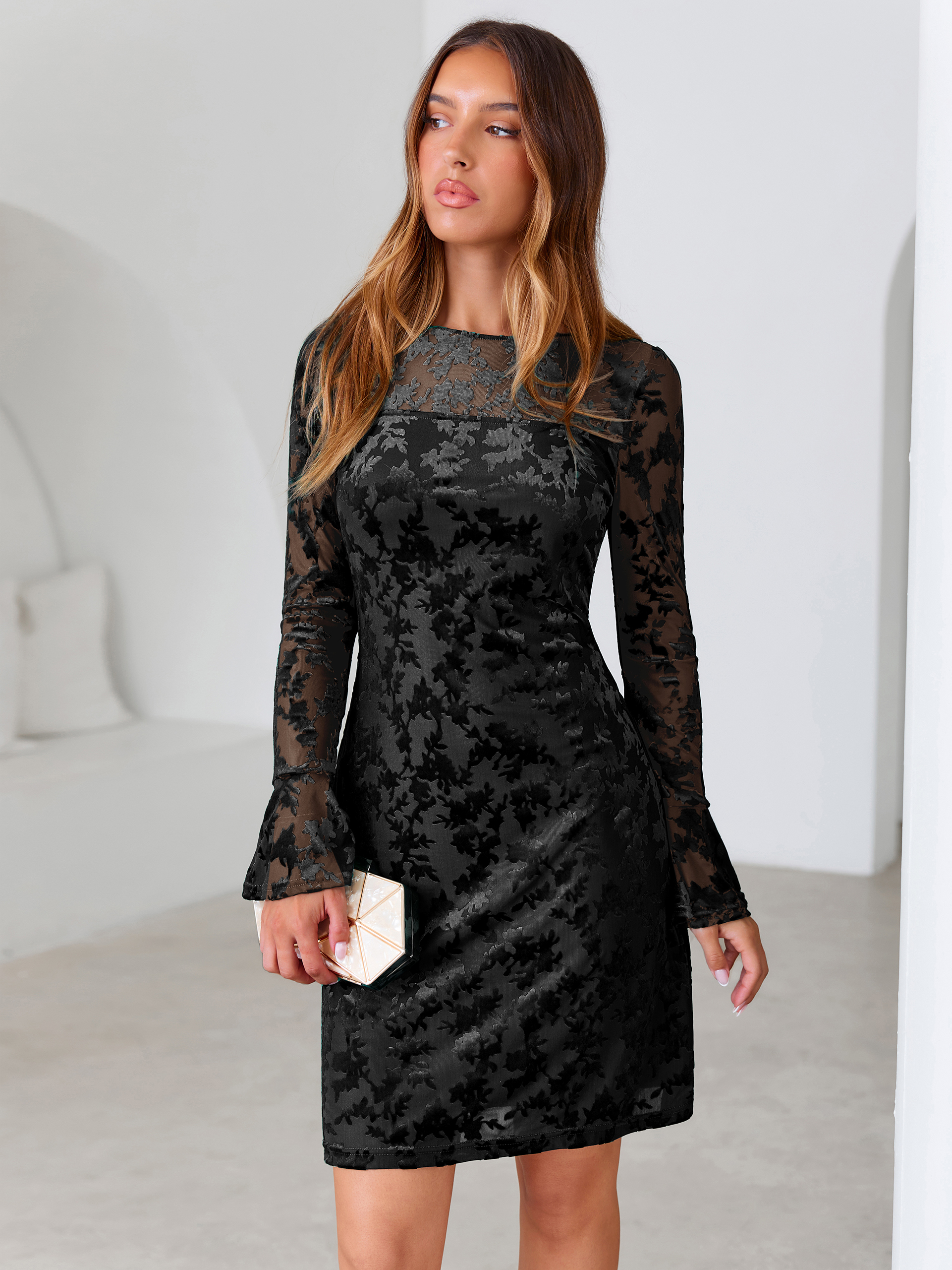 Floral Burnout Velvet Flare Sleeve Sheath Mini Dress