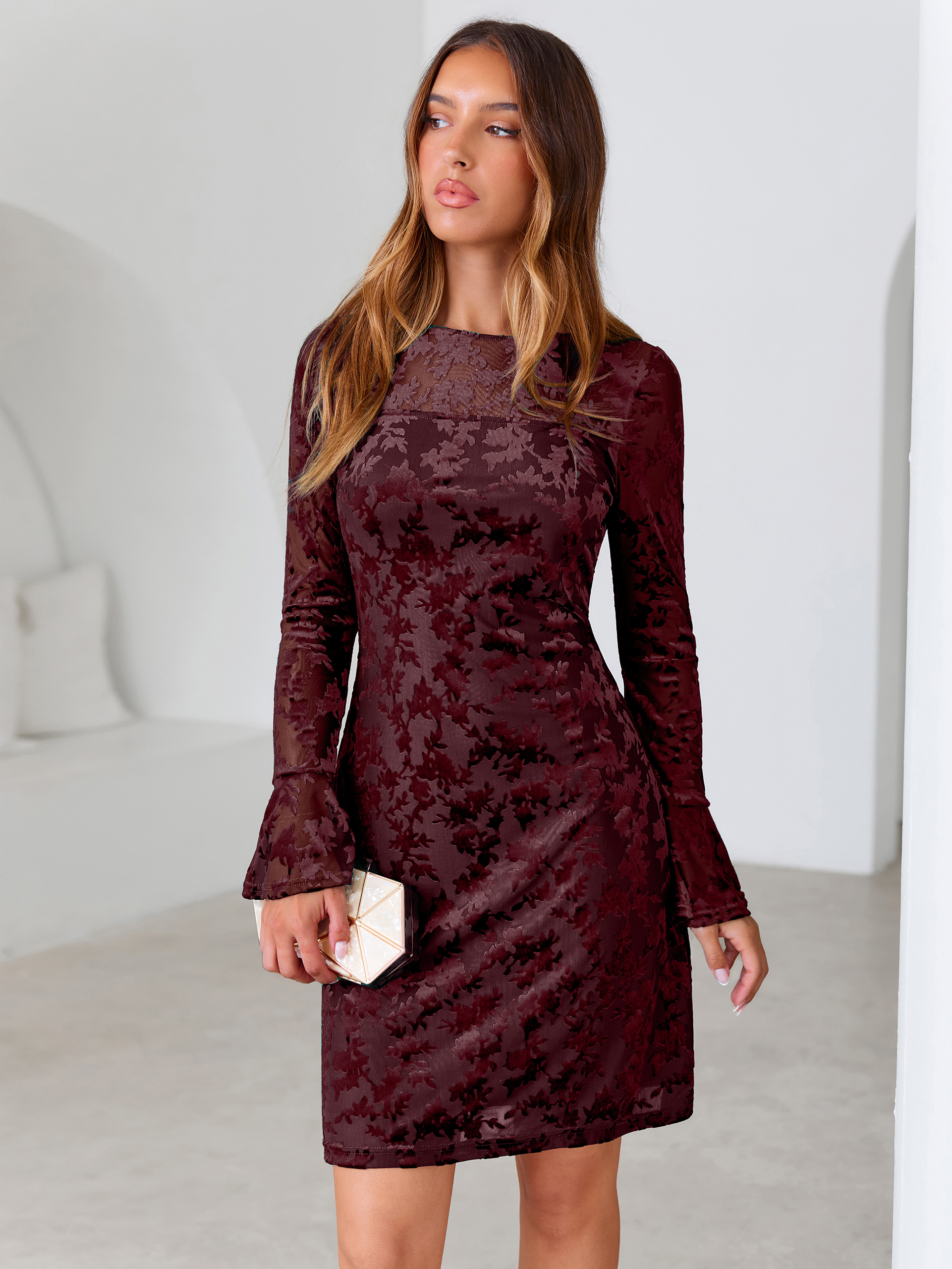 Floral Burnout Velvet Flare Sleeve Sheath Mini Dress