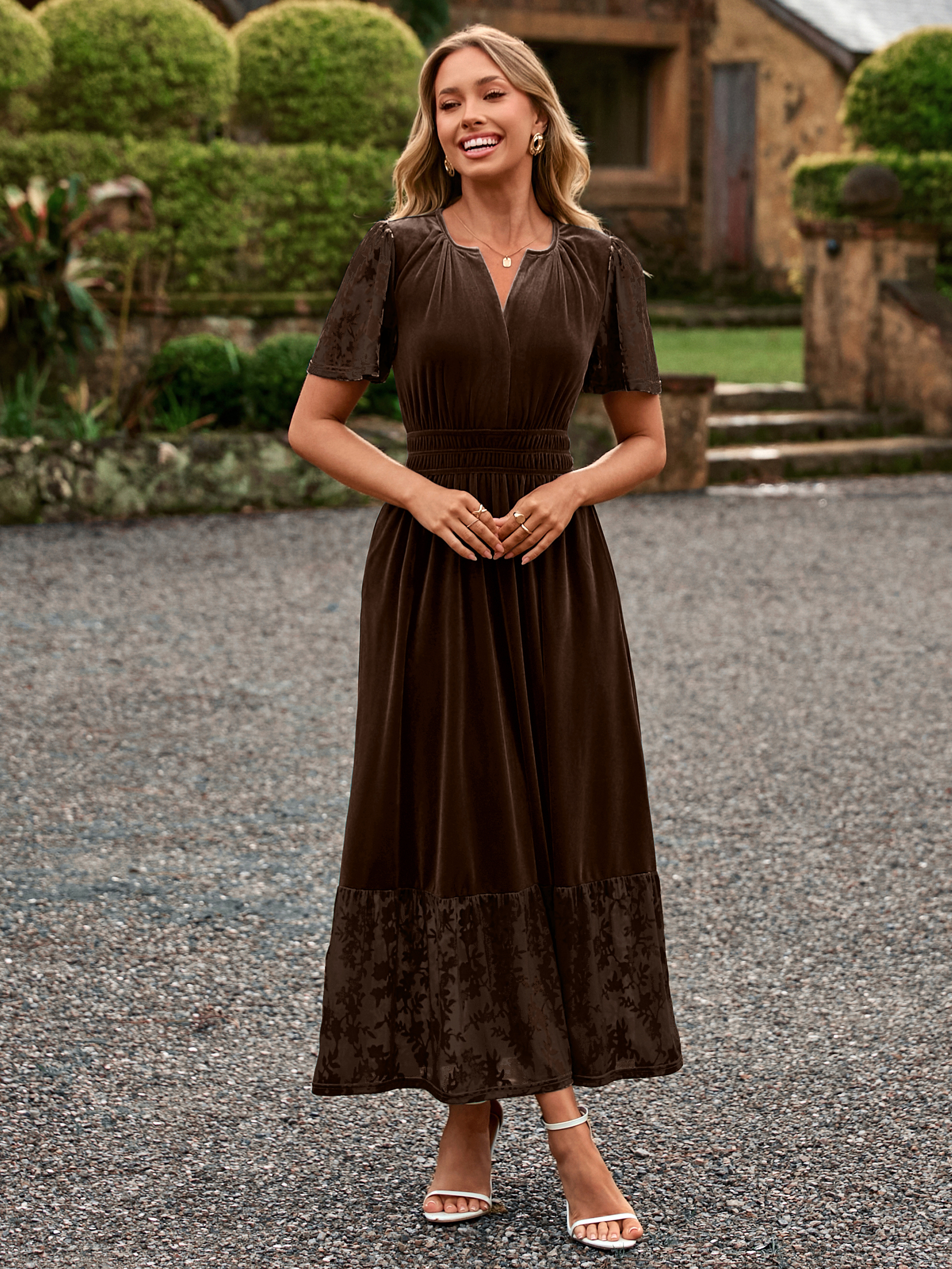 Velvet Floral Burnout V Neck Maxi Dress