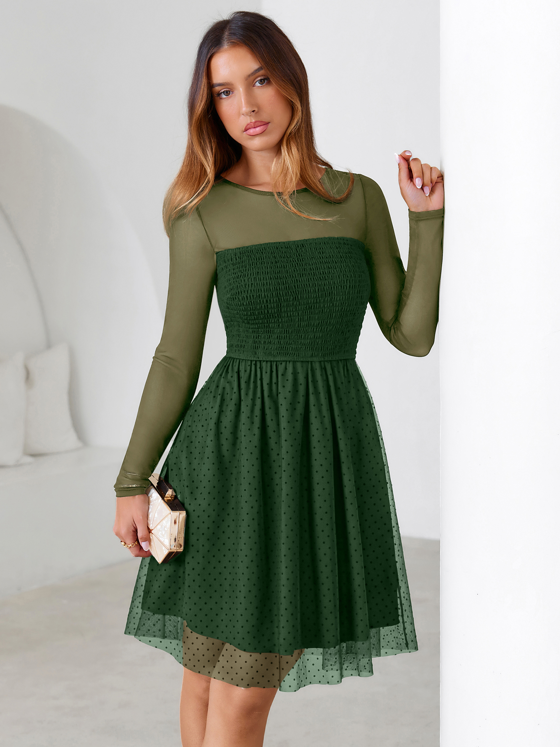 Long Sleeve Polka Dot Mesh Smocked Mini Dress