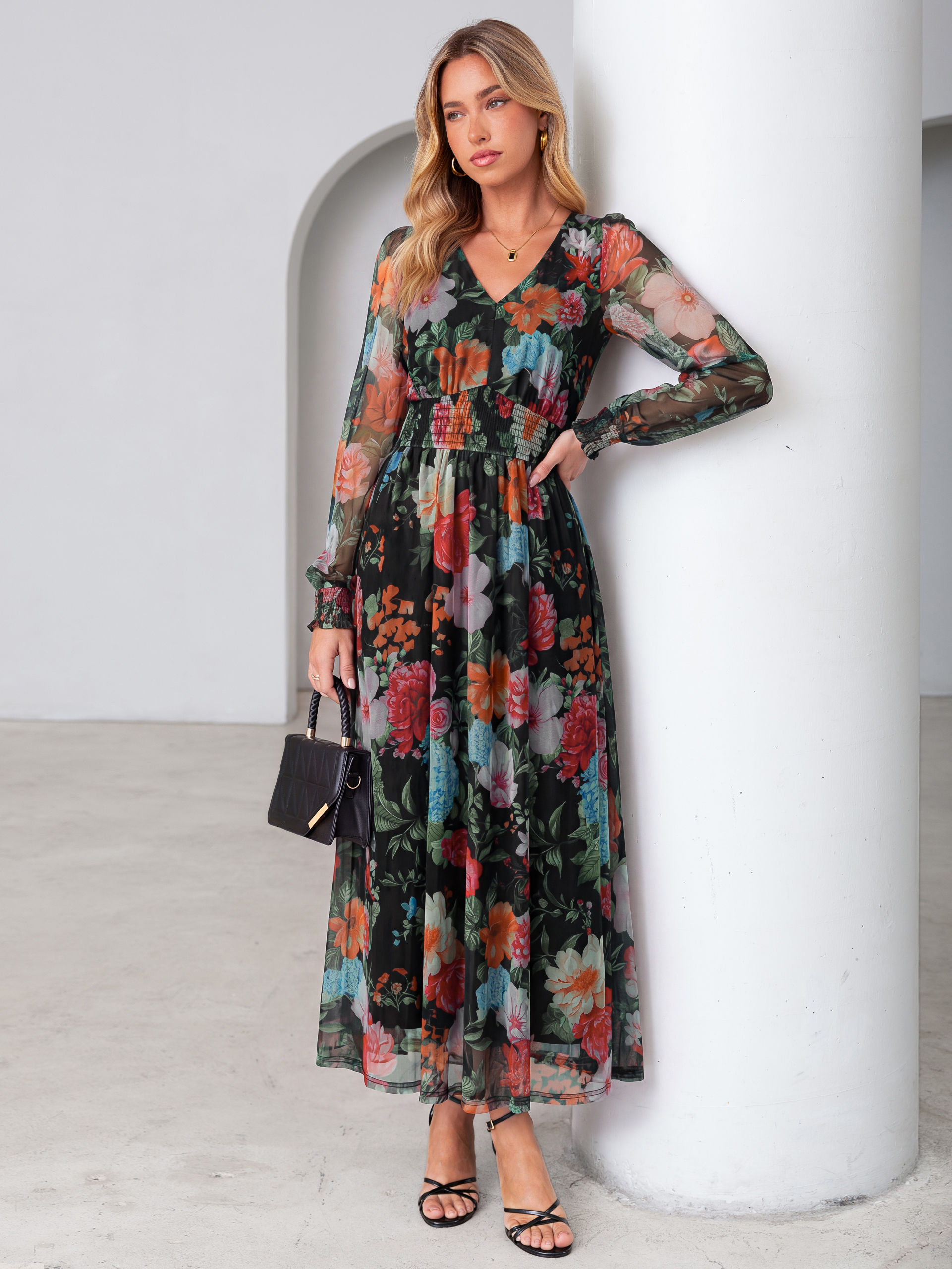 Romantic Floral Tulle Smocked Maxi Dress