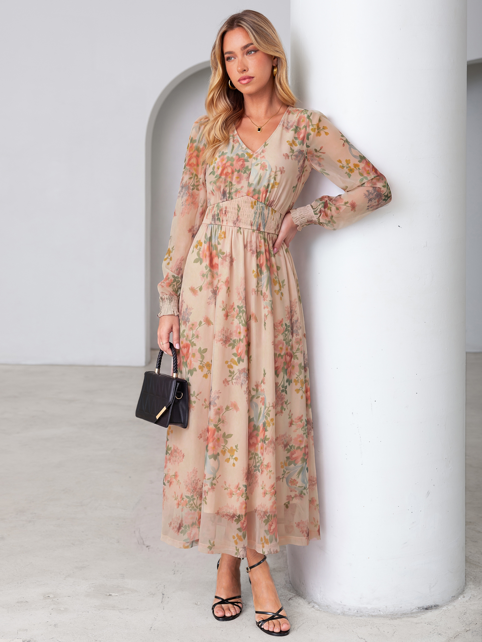 Romantic Floral Tulle Smocked Maxi Dress