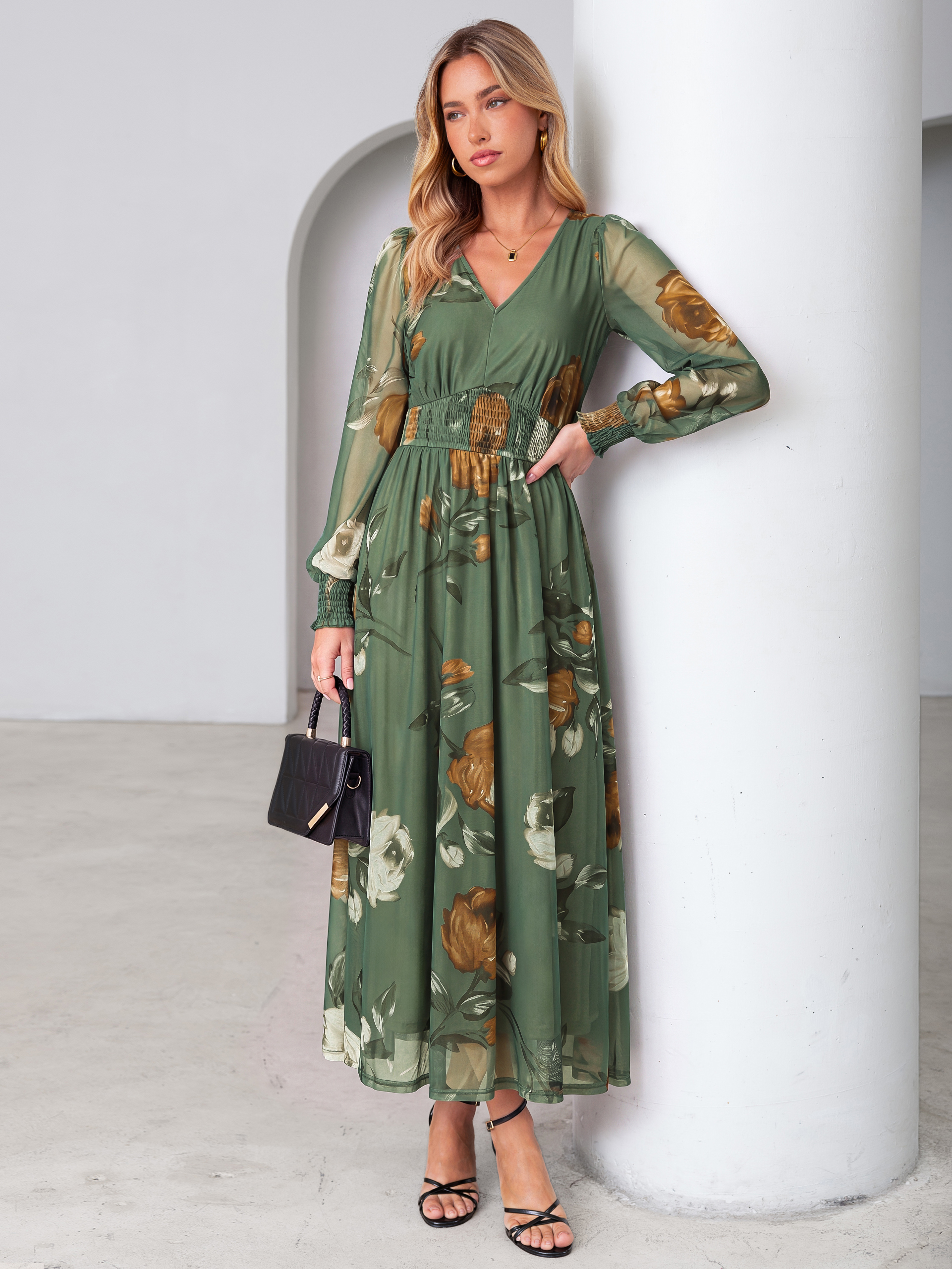 Romantic Floral Tulle Smocked Maxi Dress
