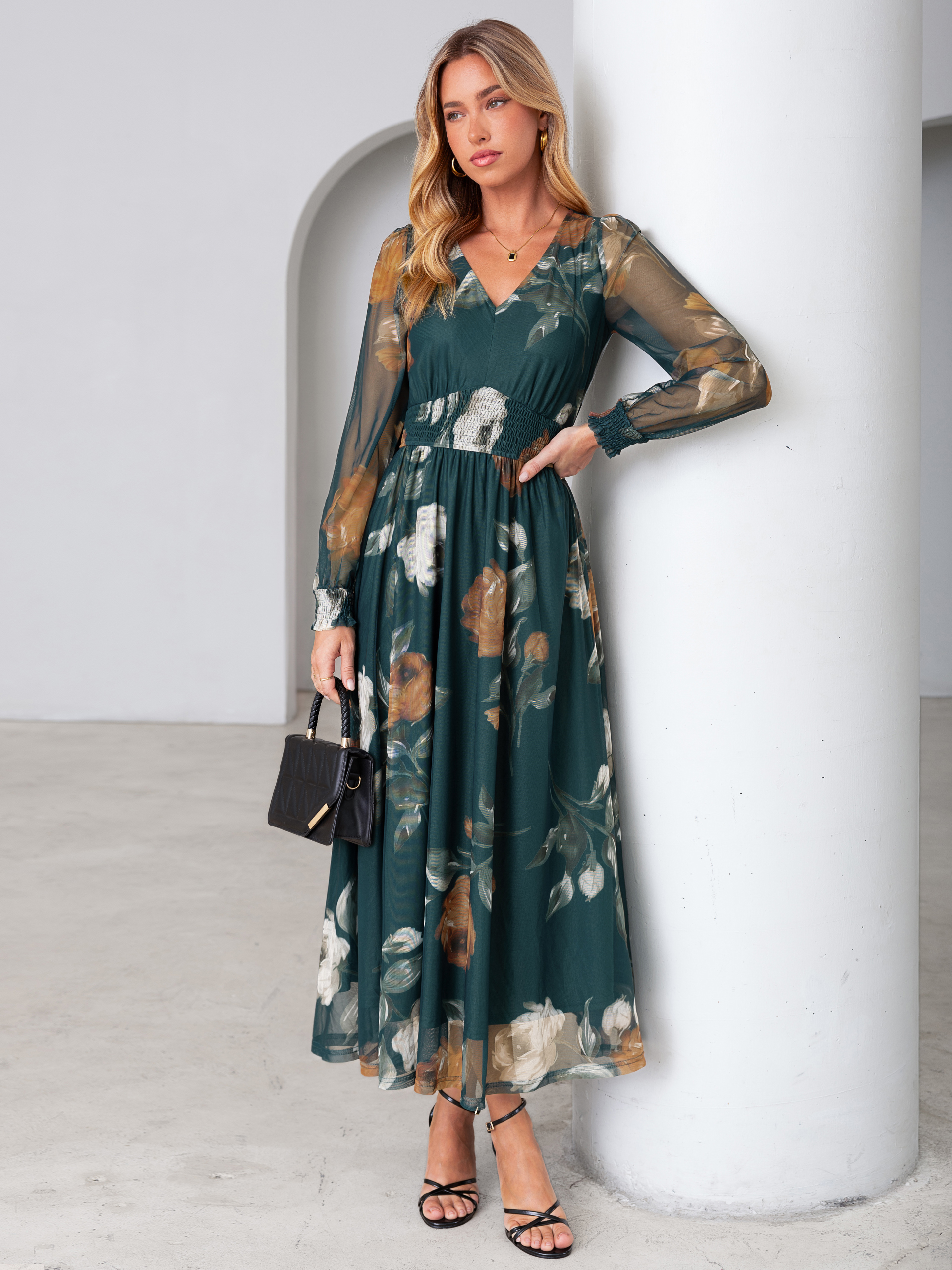 Romantic Floral Tulle Smocked Maxi Dress