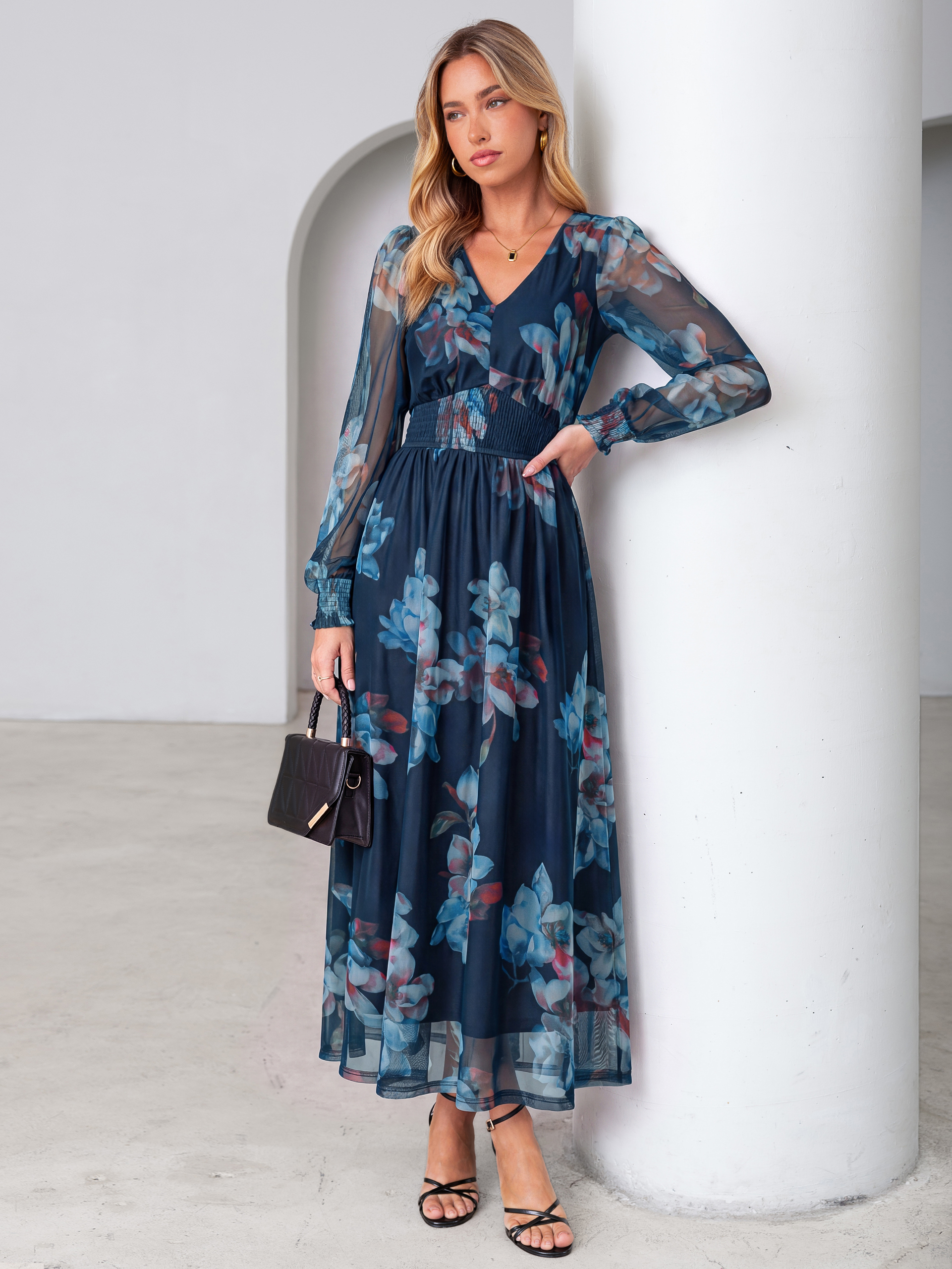 Romantic Floral Tulle Smocked Maxi Dress