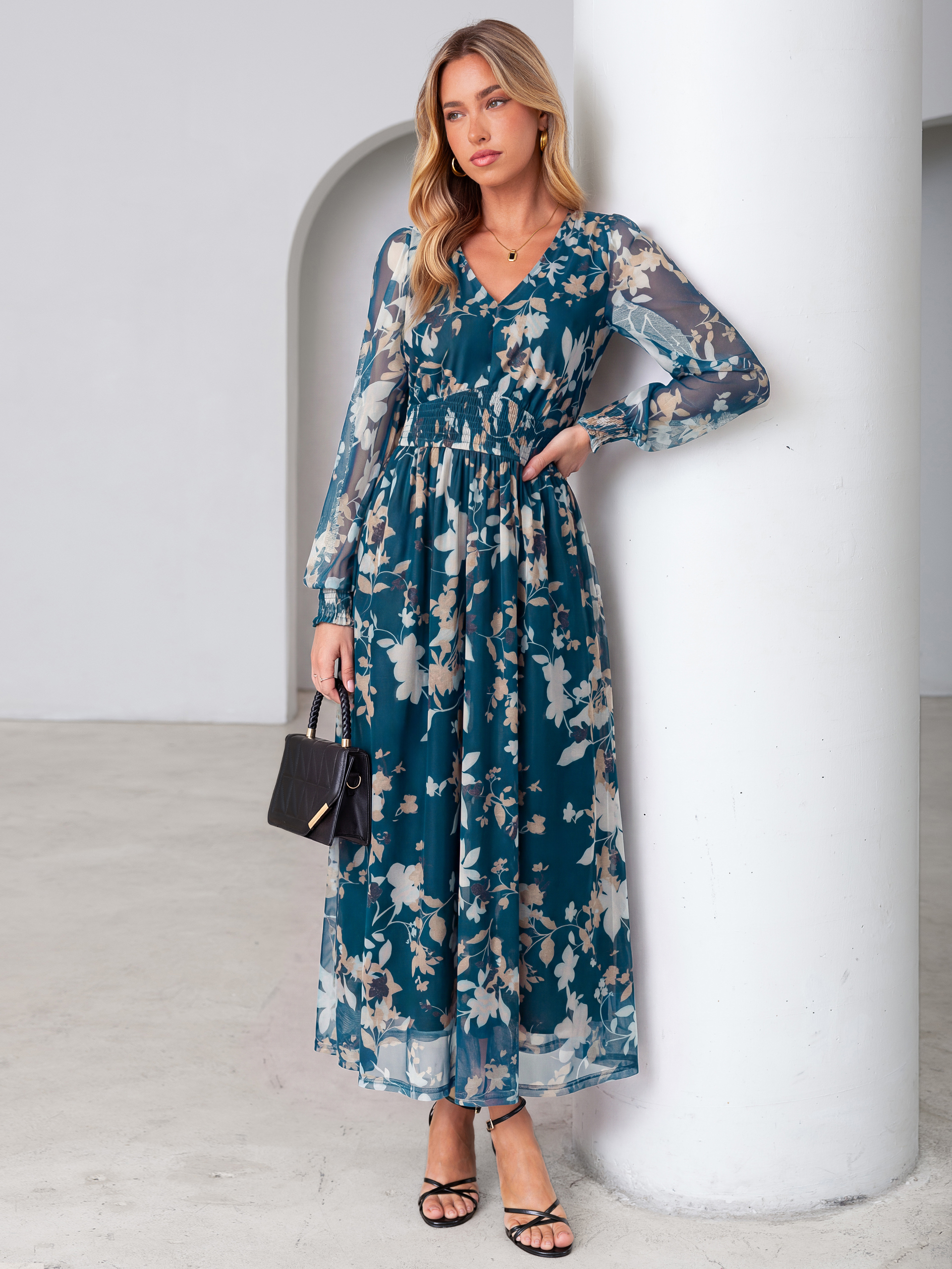 Romantic Floral Tulle Smocked Maxi Dress