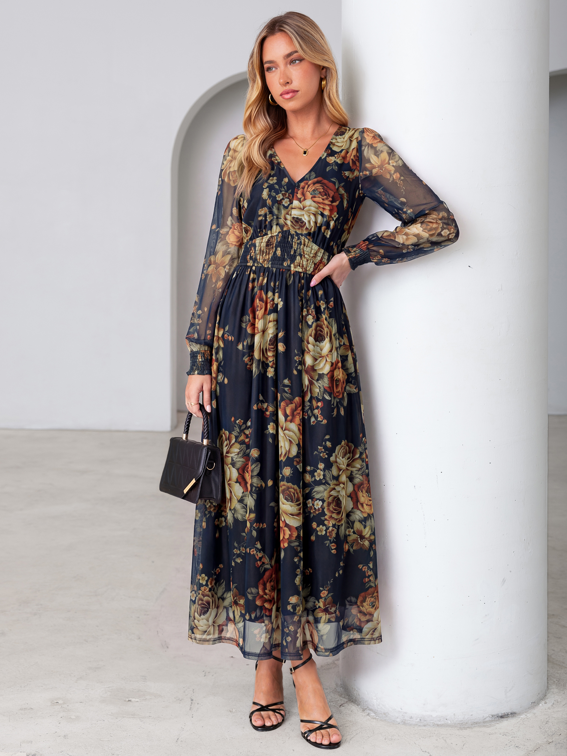 Romantic Floral Tulle Smocked Maxi Dress