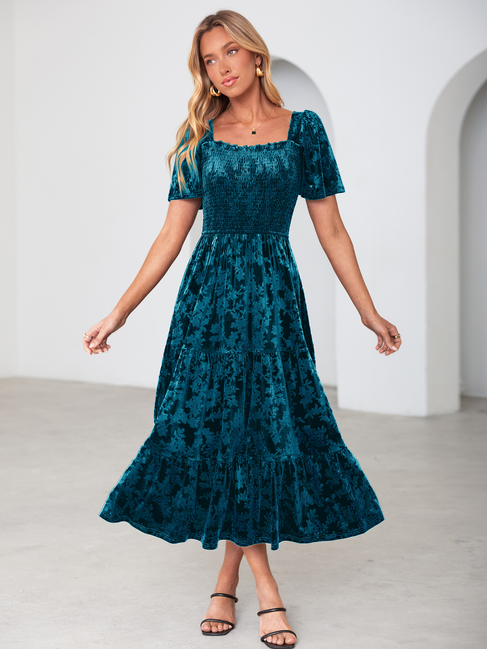 Square Neck Smocked Velvet Short Sleeve Maxi Dress