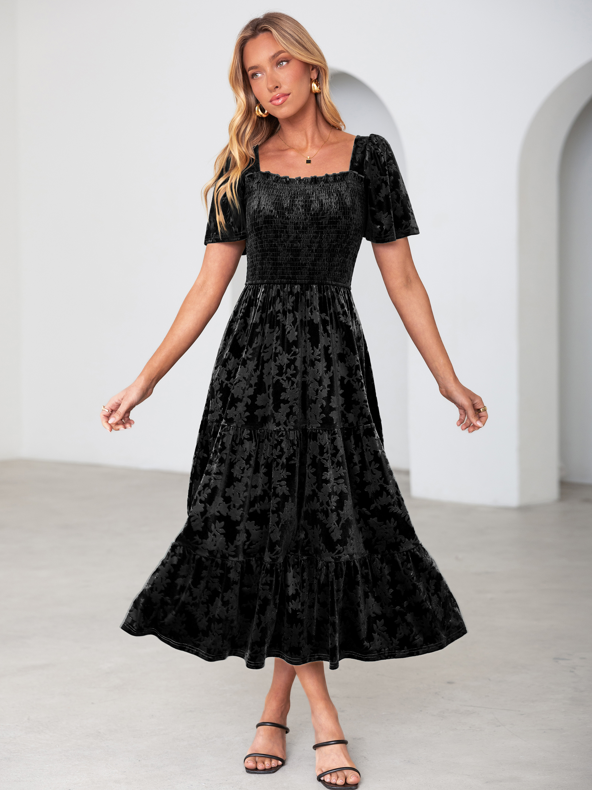 Square Neck Smocked Velvet Short Sleeve Maxi Dress