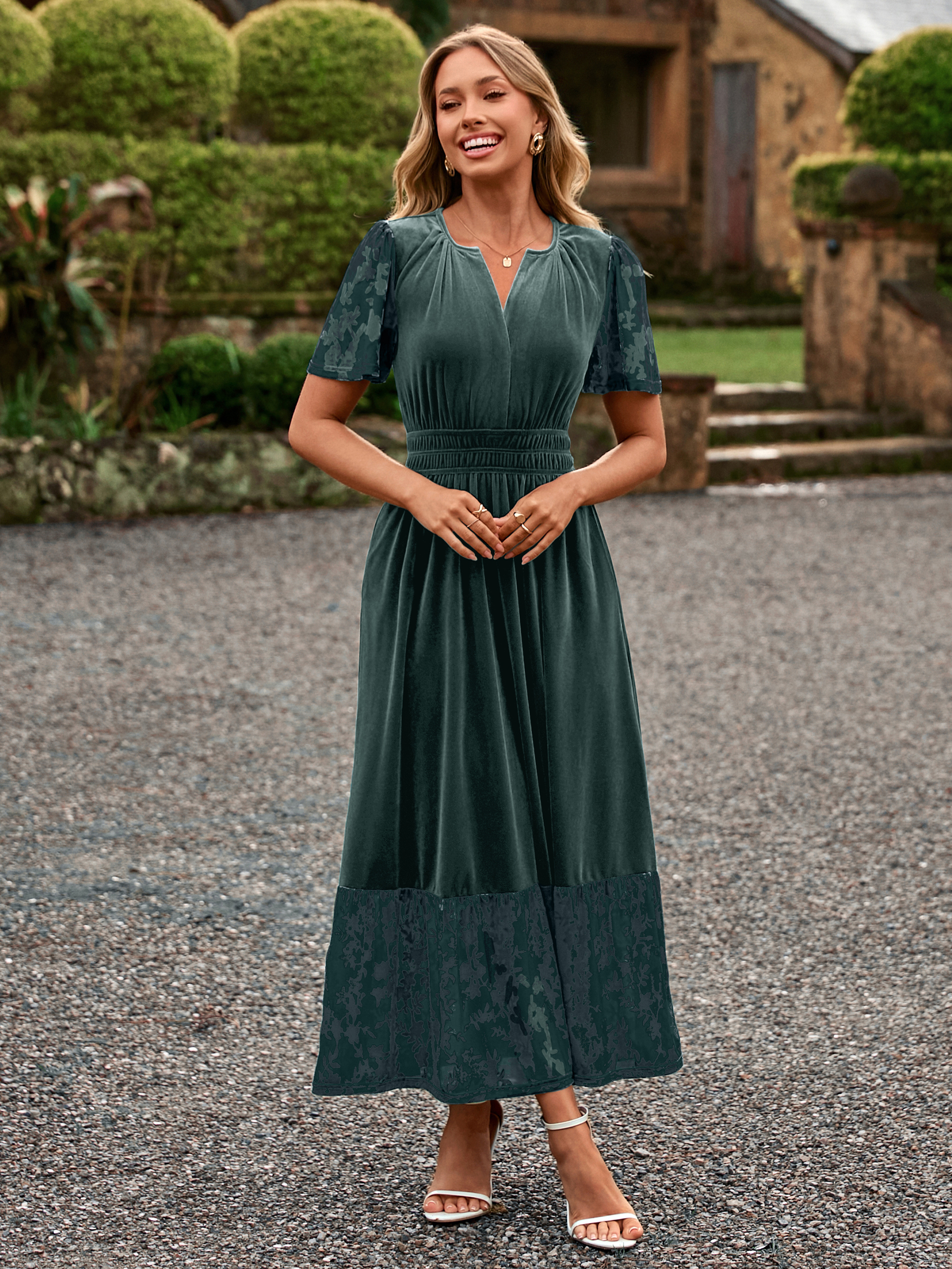 Velvet Floral Burnout V Neck Maxi Dress