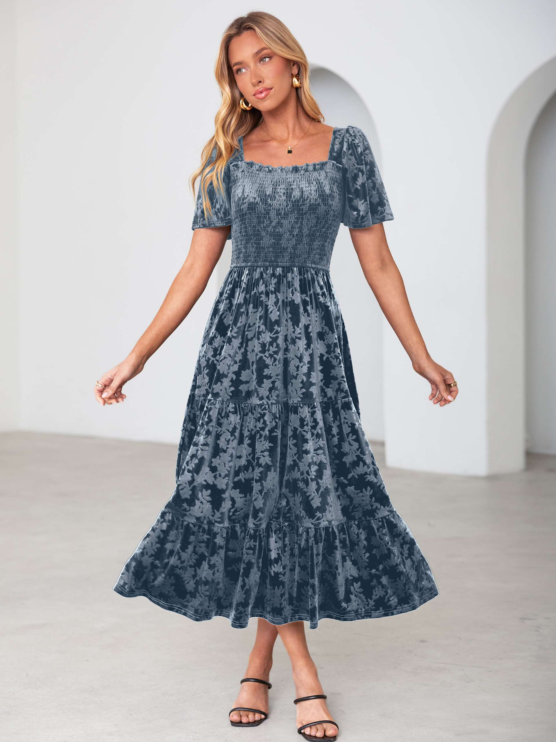 Square Neck Smocked Velvet Short Sleeve Maxi Dress