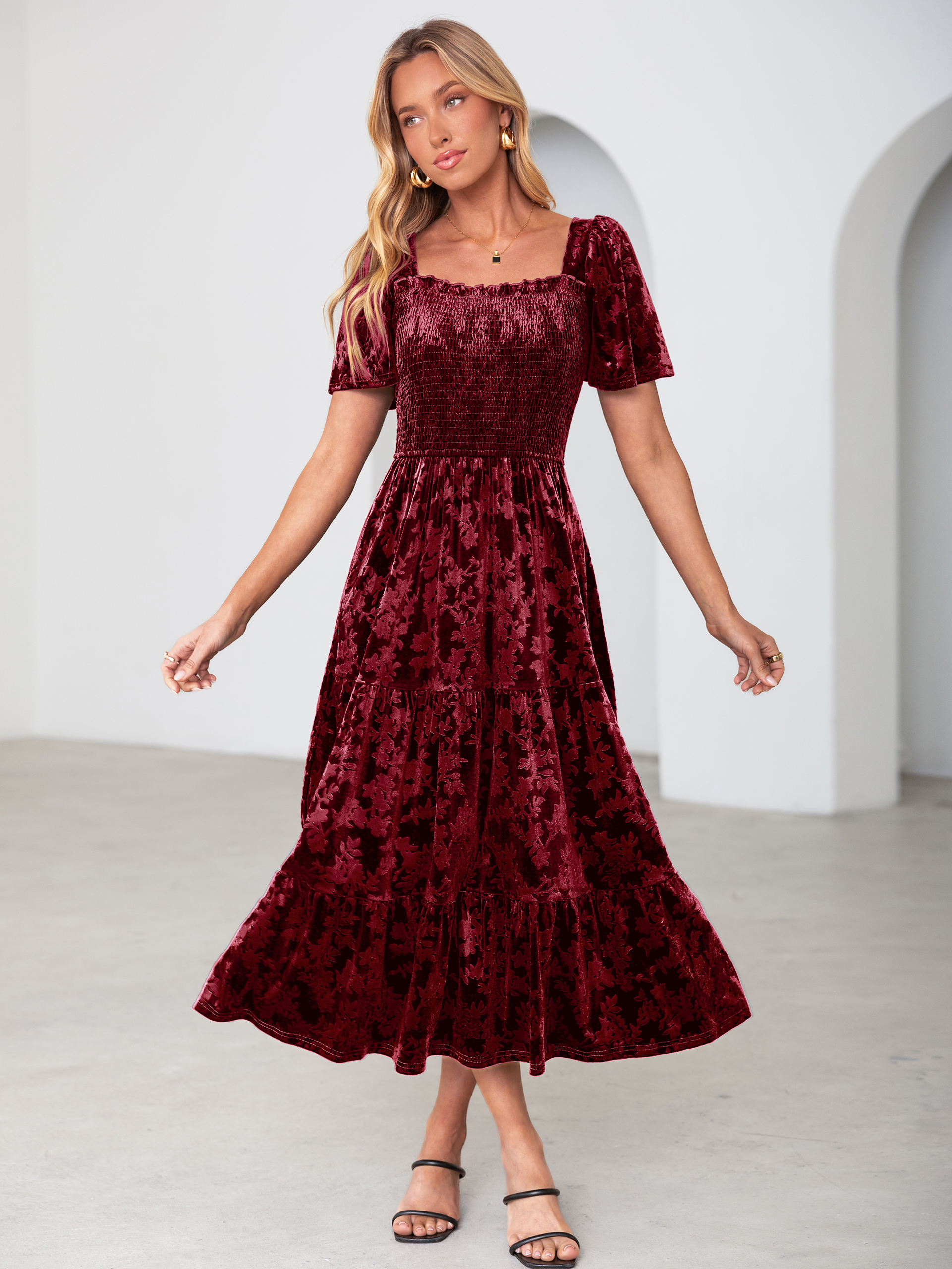 Square Neck Smocked Velvet Short Sleeve Maxi Dress