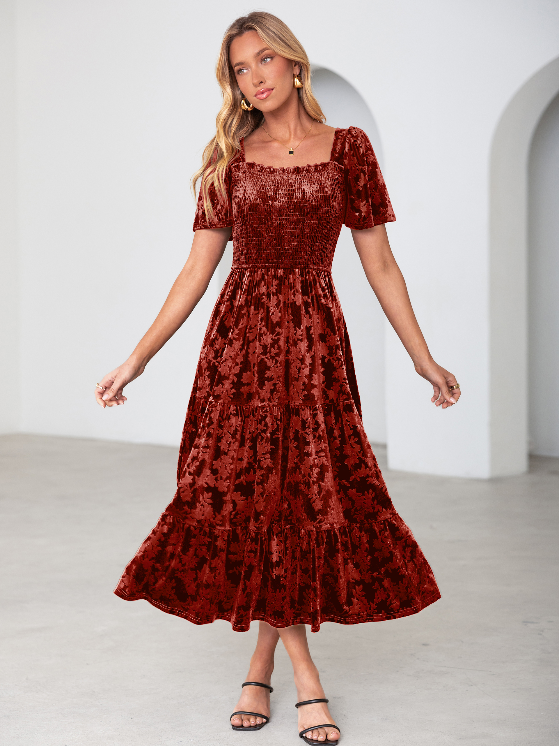Square Neck Smocked Velvet Short Sleeve Maxi Dress