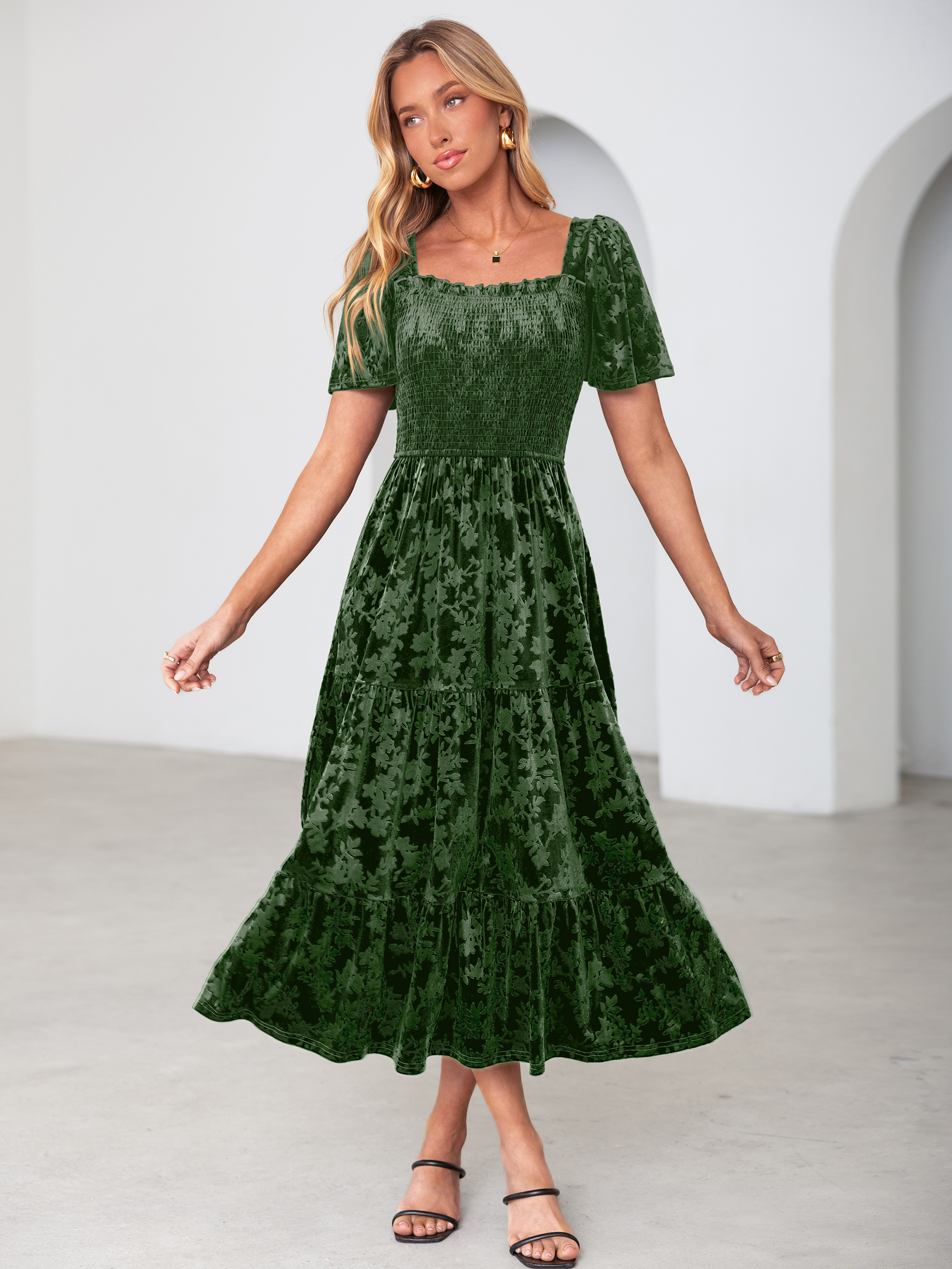 Square Neck Smocked Velvet Short Sleeve Maxi Dress