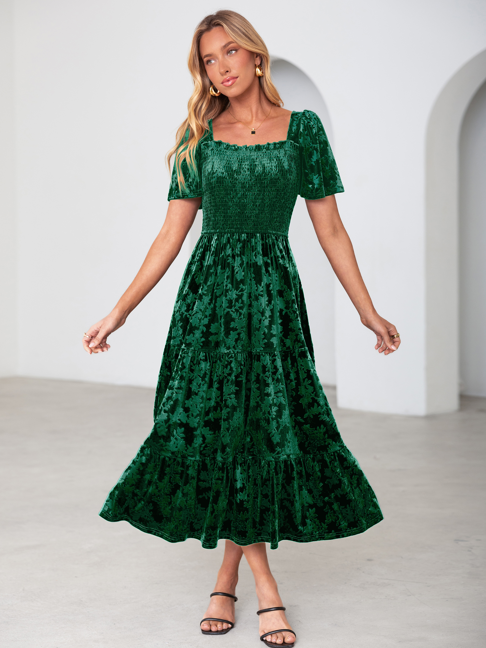 Square Neck Smocked Velvet Short Sleeve Maxi Dress