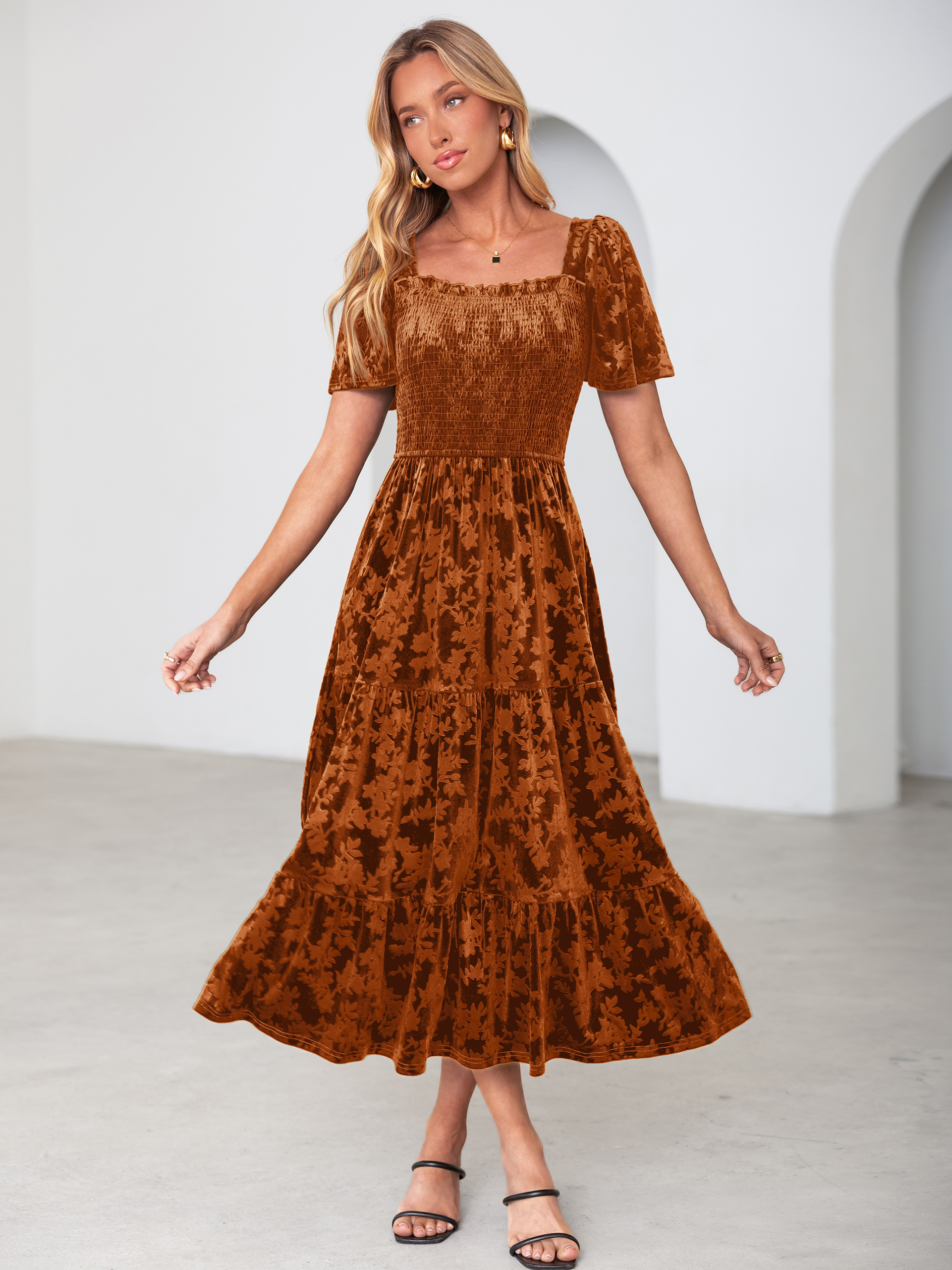 Square Neck Smocked Velvet Short Sleeve Maxi Dress