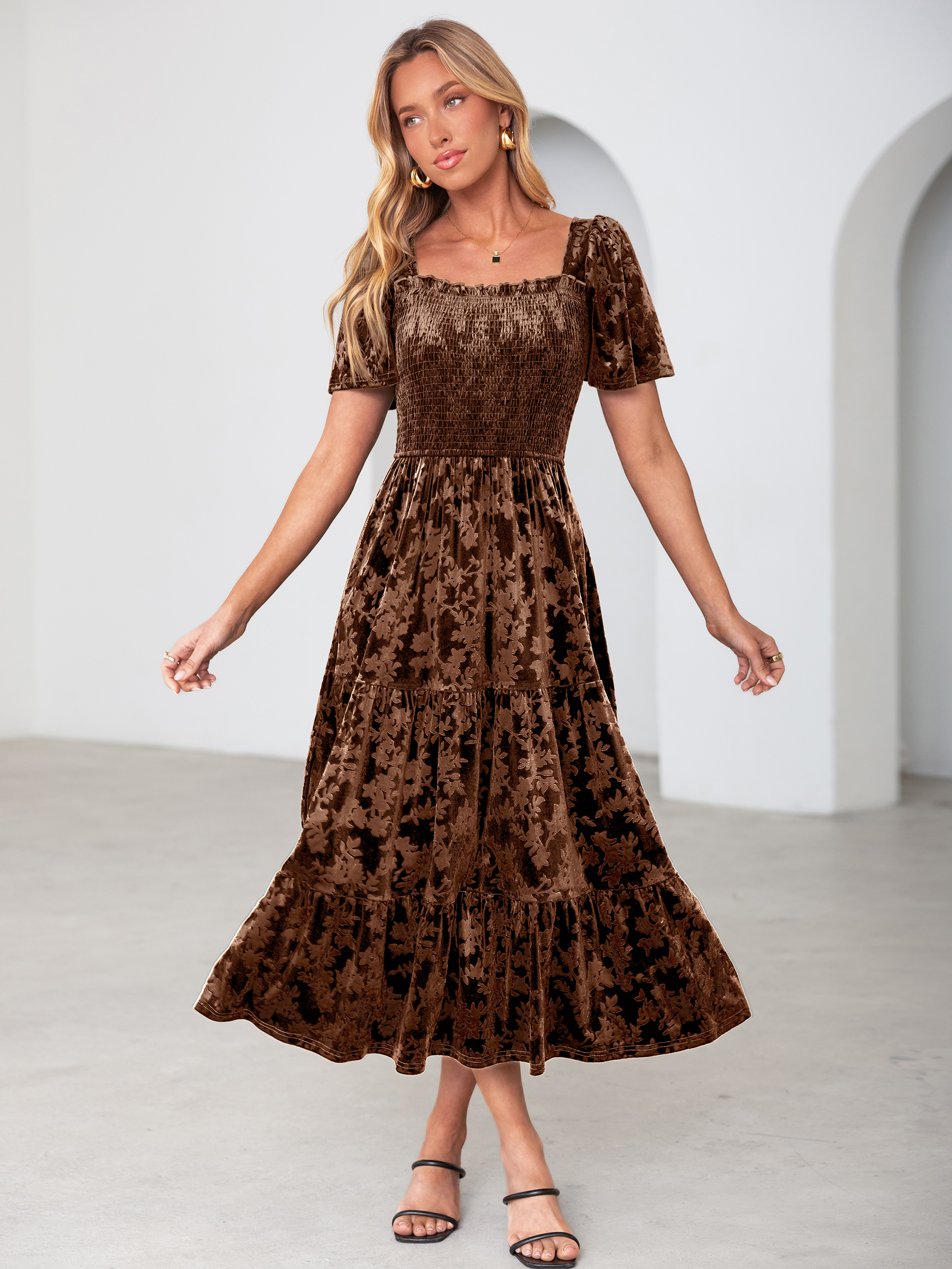 Square Neck Smocked Velvet Short Sleeve Maxi Dress