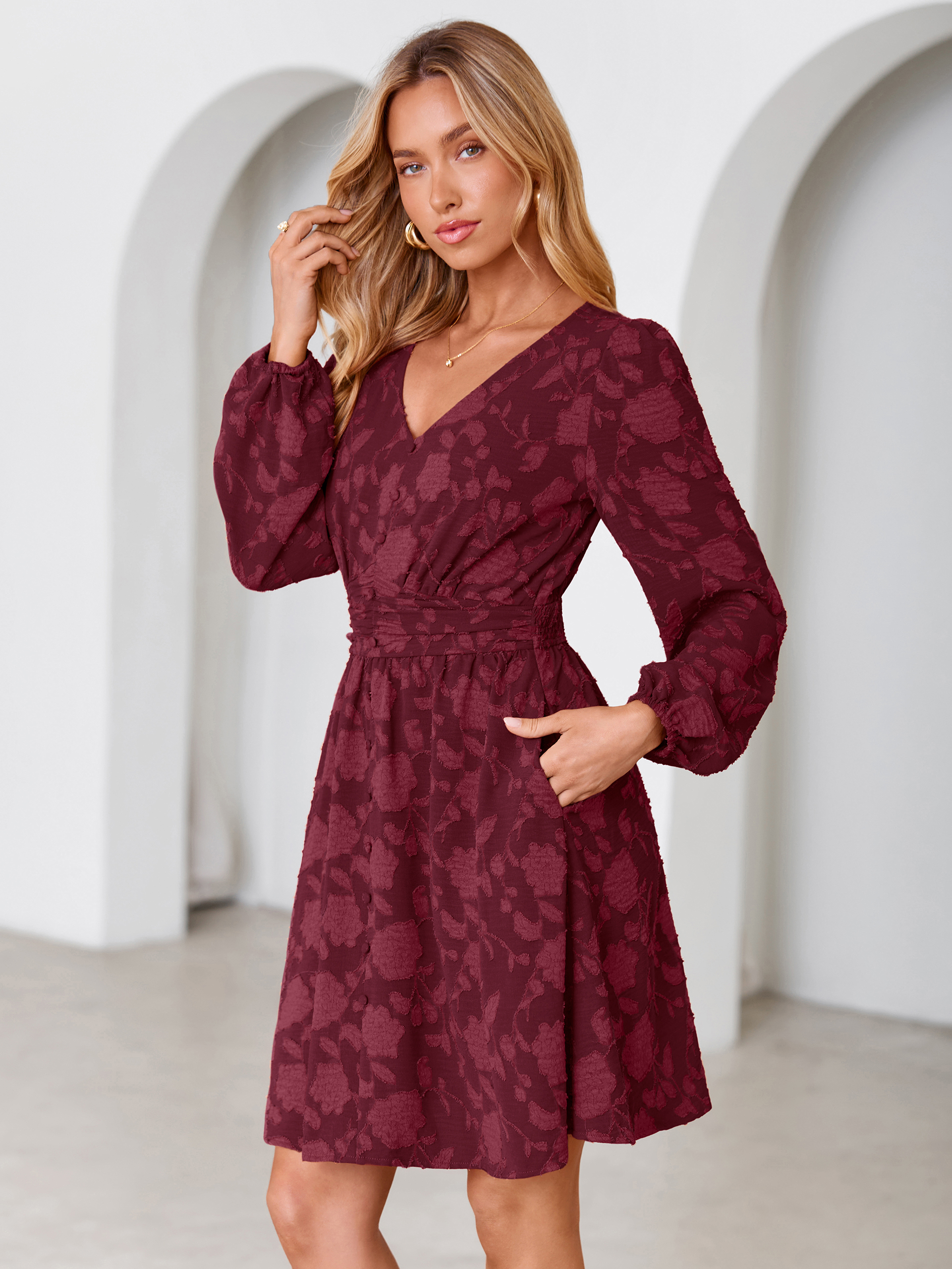 Floral Burnout Puff Sleeve Smocked Mini Dress