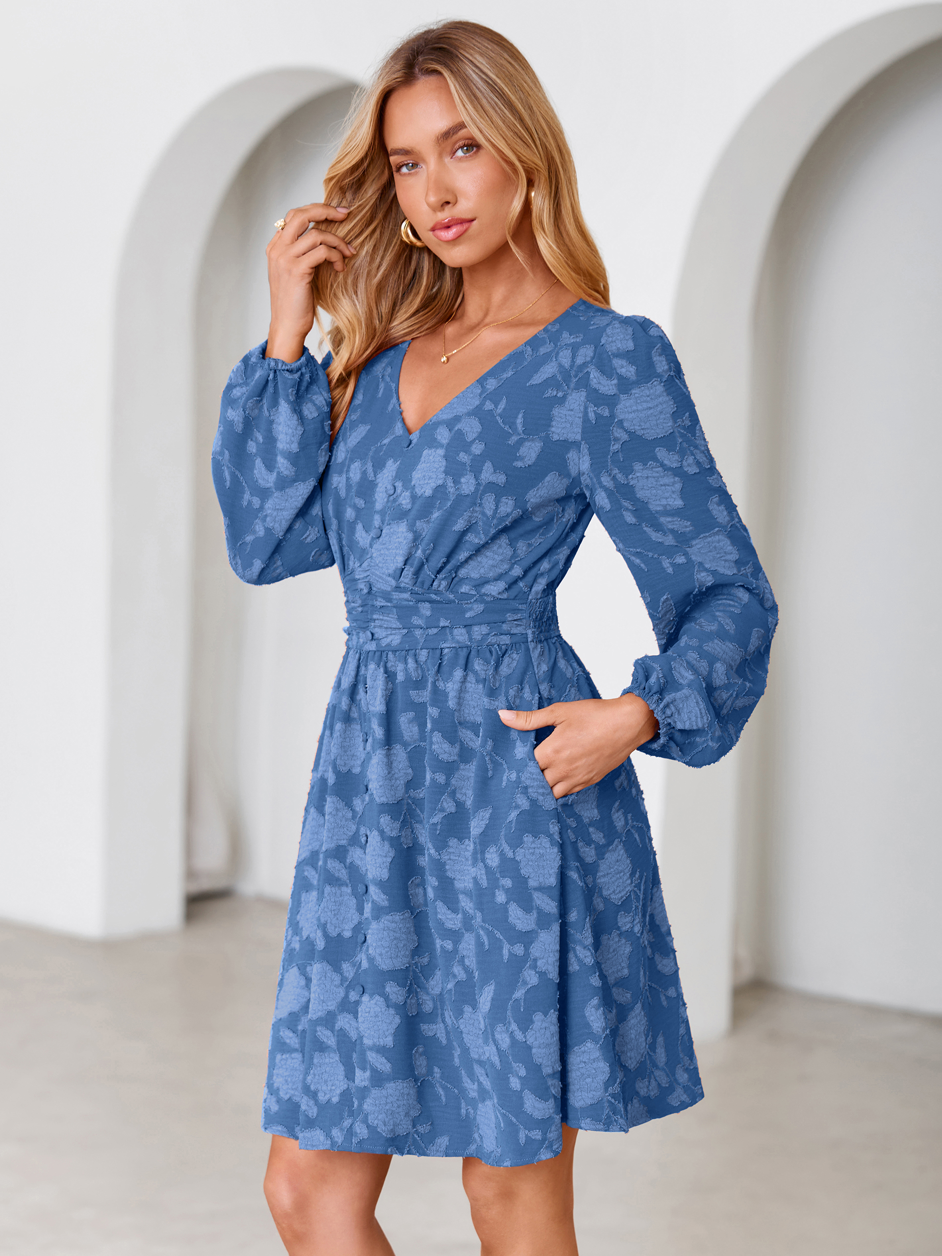 Floral Burnout Puff Sleeve Smocked Mini Dress