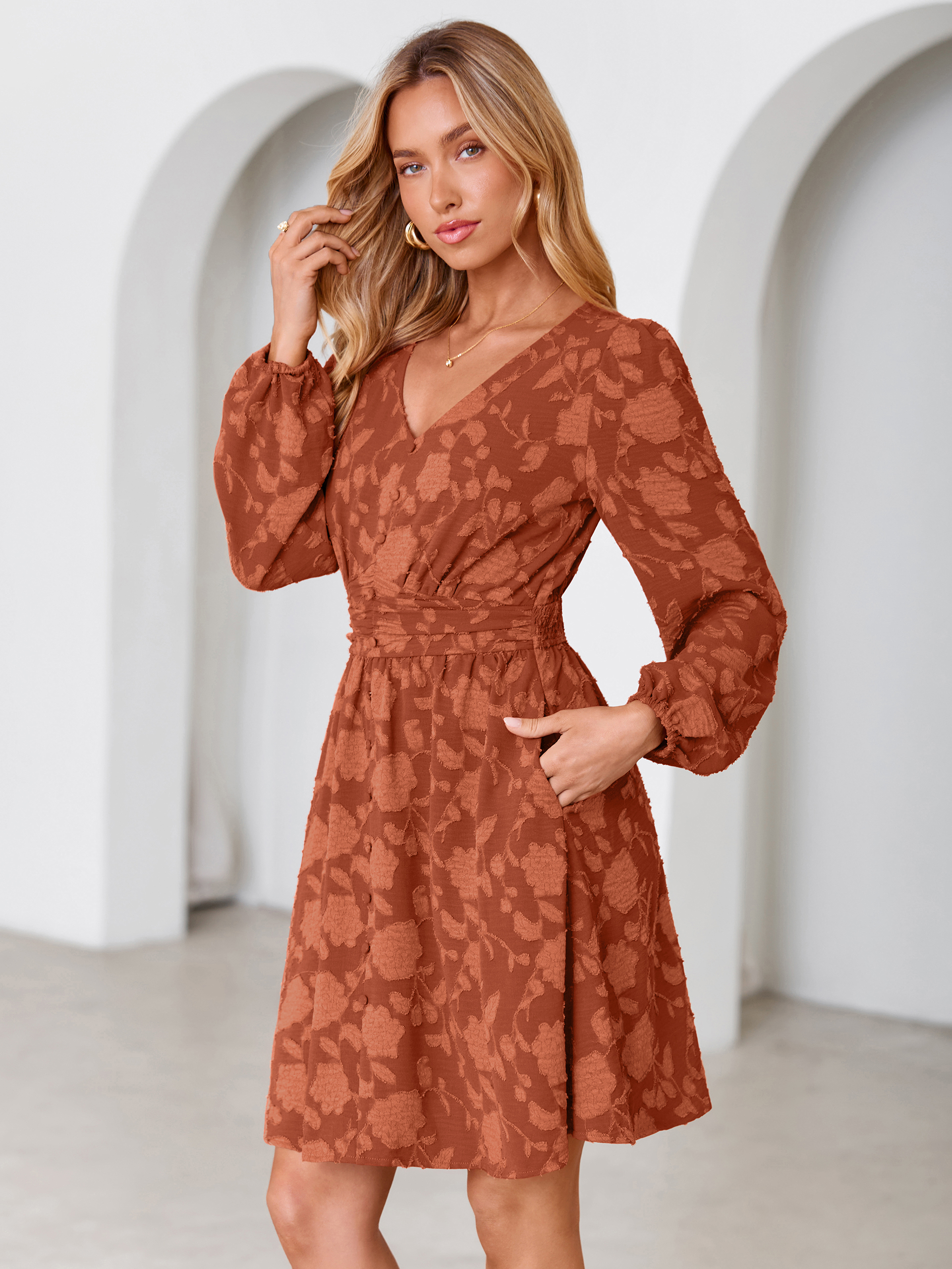 Floral Burnout Puff Sleeve Smocked Mini Dress