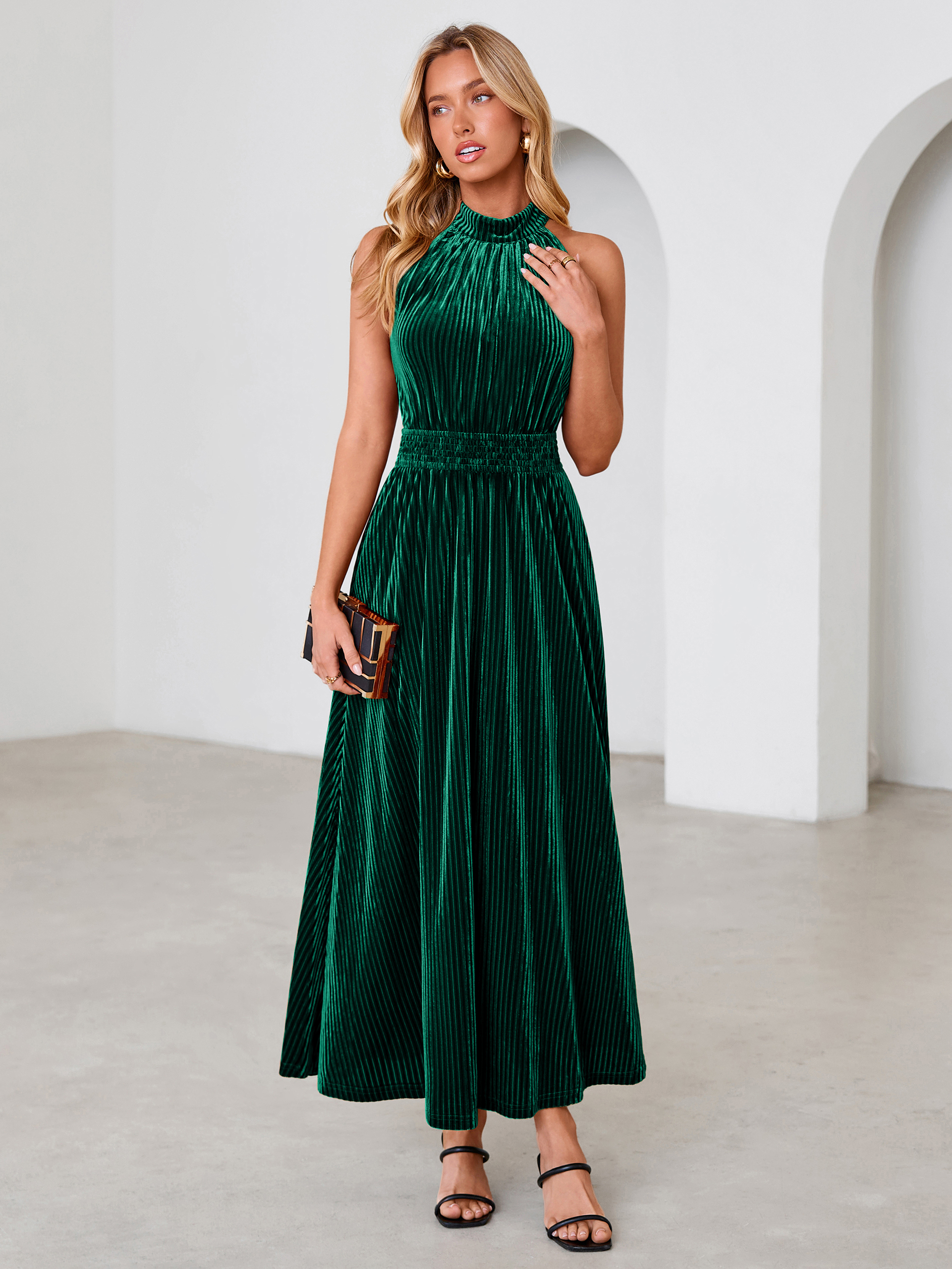 Ribbed Velvet Halter Smocked Maxi Dress