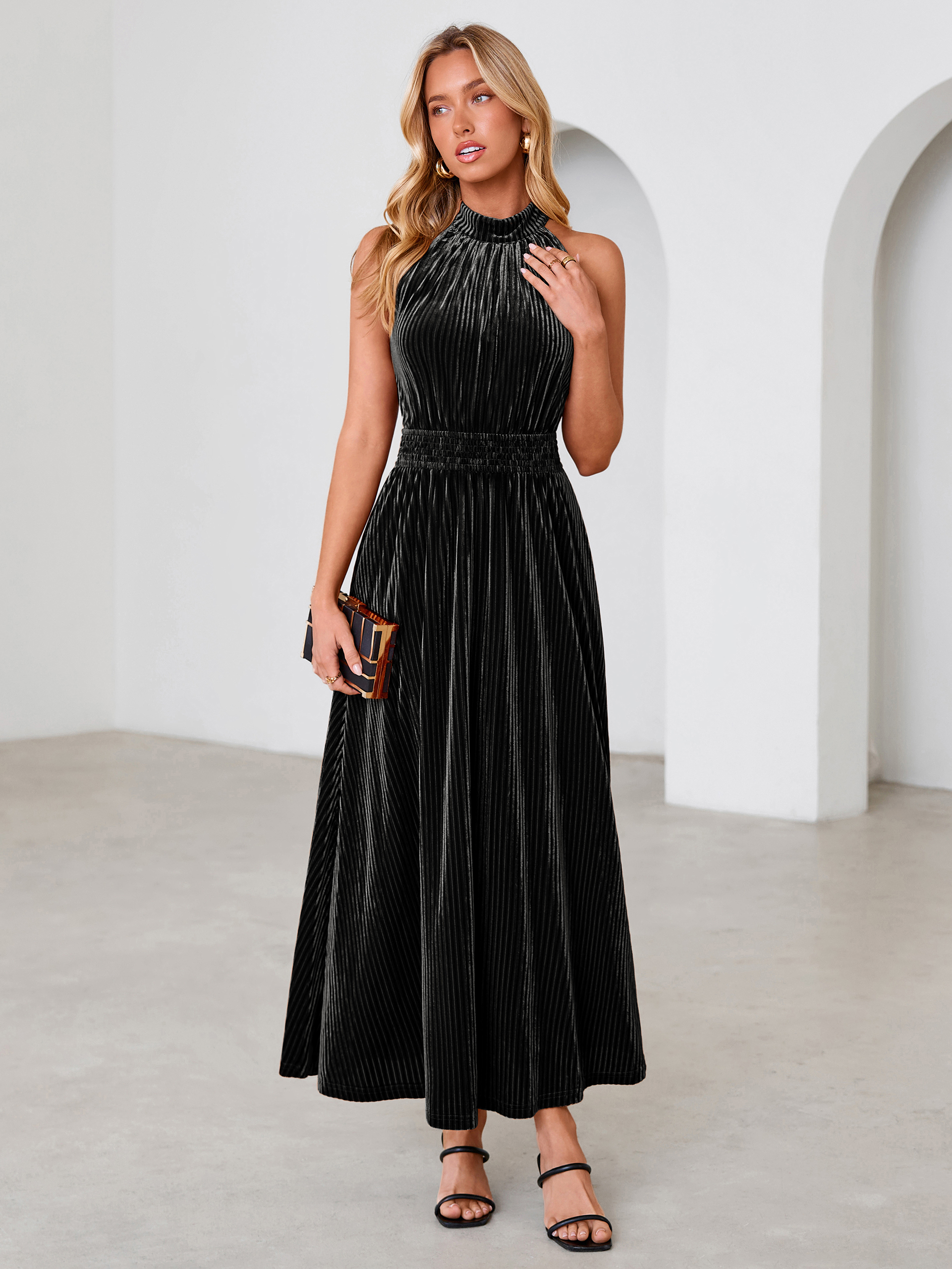 Ribbed Velvet Halter Smocked Maxi Dress