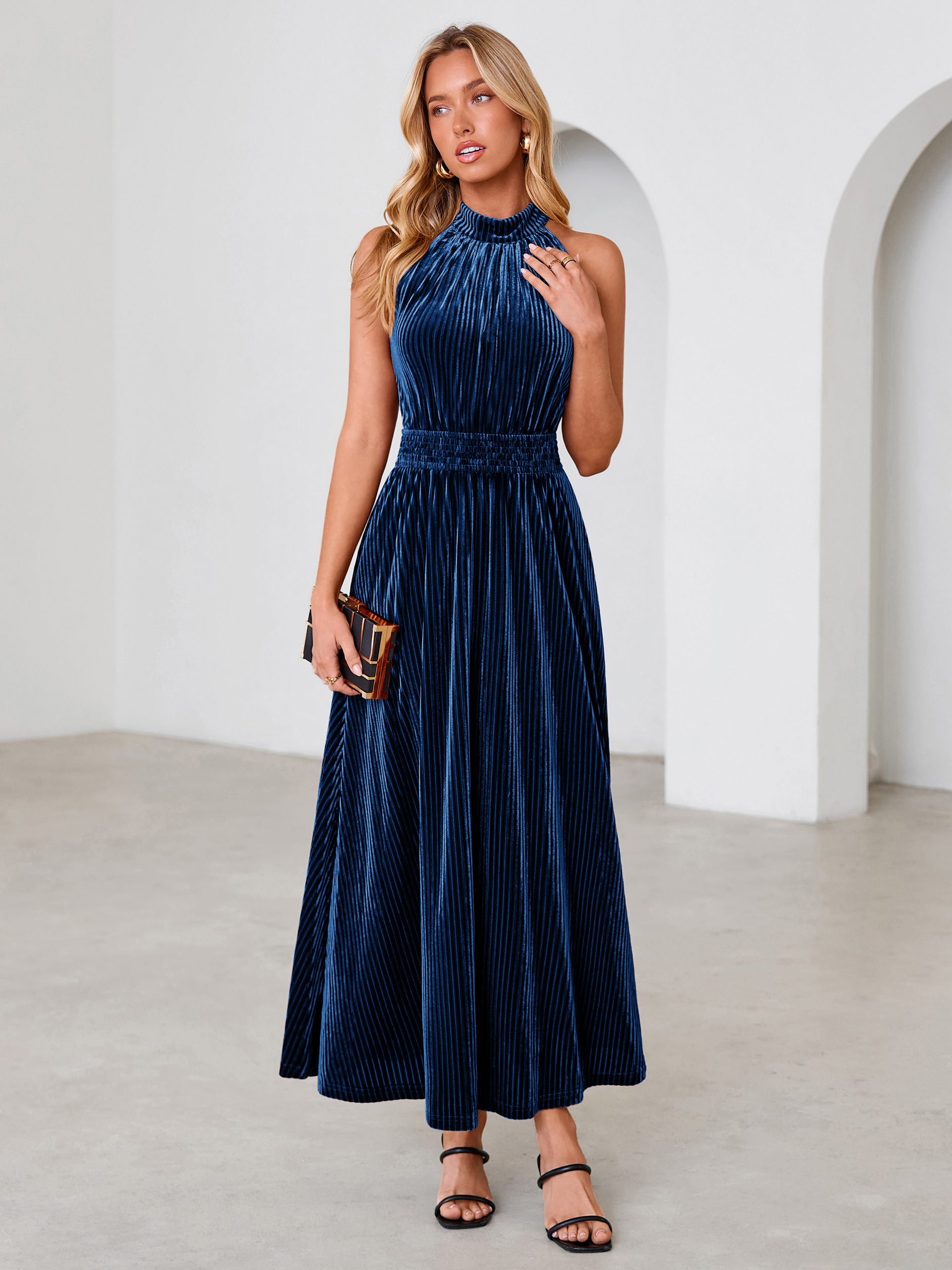 Ribbed Velvet Halter Smocked Maxi Dress