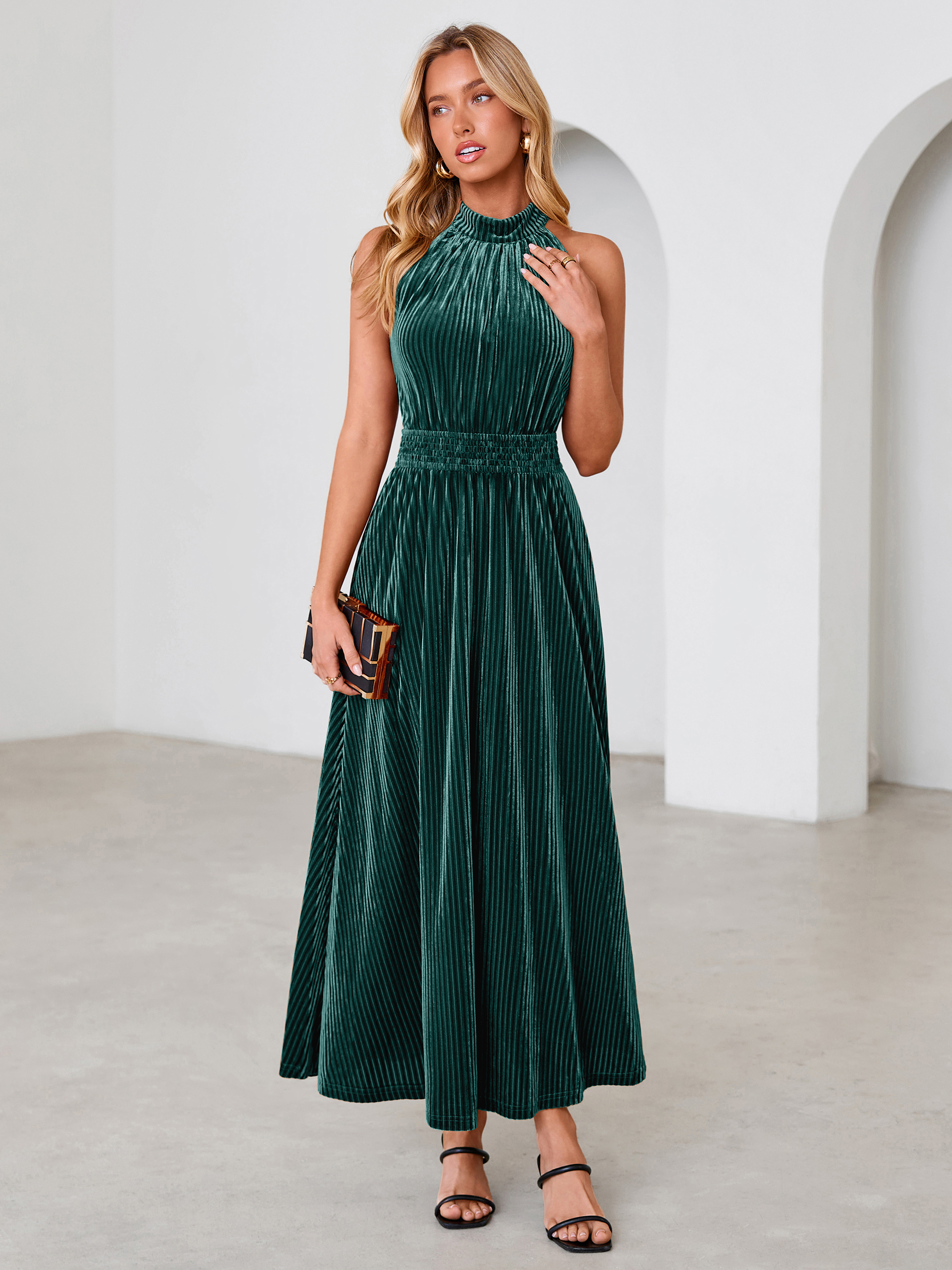 Ribbed Velvet Halter Smocked Maxi Dress