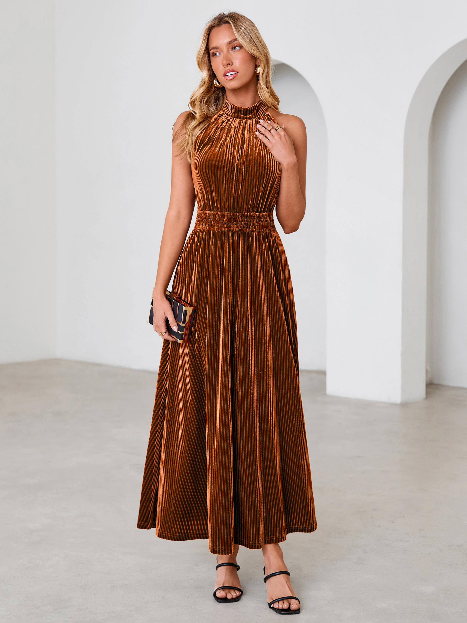 Ribbed Velvet Halter Smocked Maxi Dress